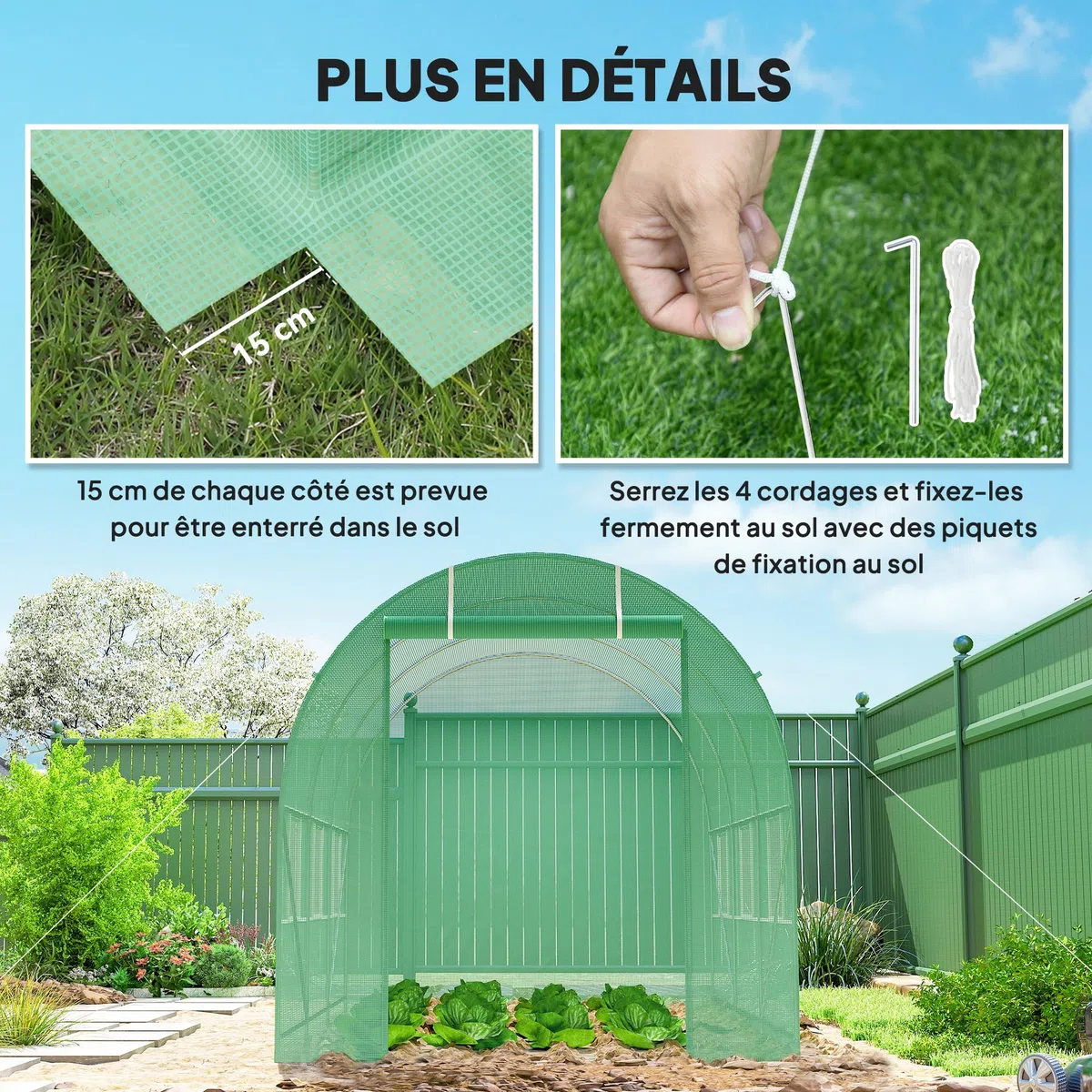 Outsunny Serra da giardino a tunnel, superficie del terreno, 7 m², 3,5 x 2 x 2 m, telaio tubolare rinforzato con cerniera, 6 finestre avvolgibili, colore: verde