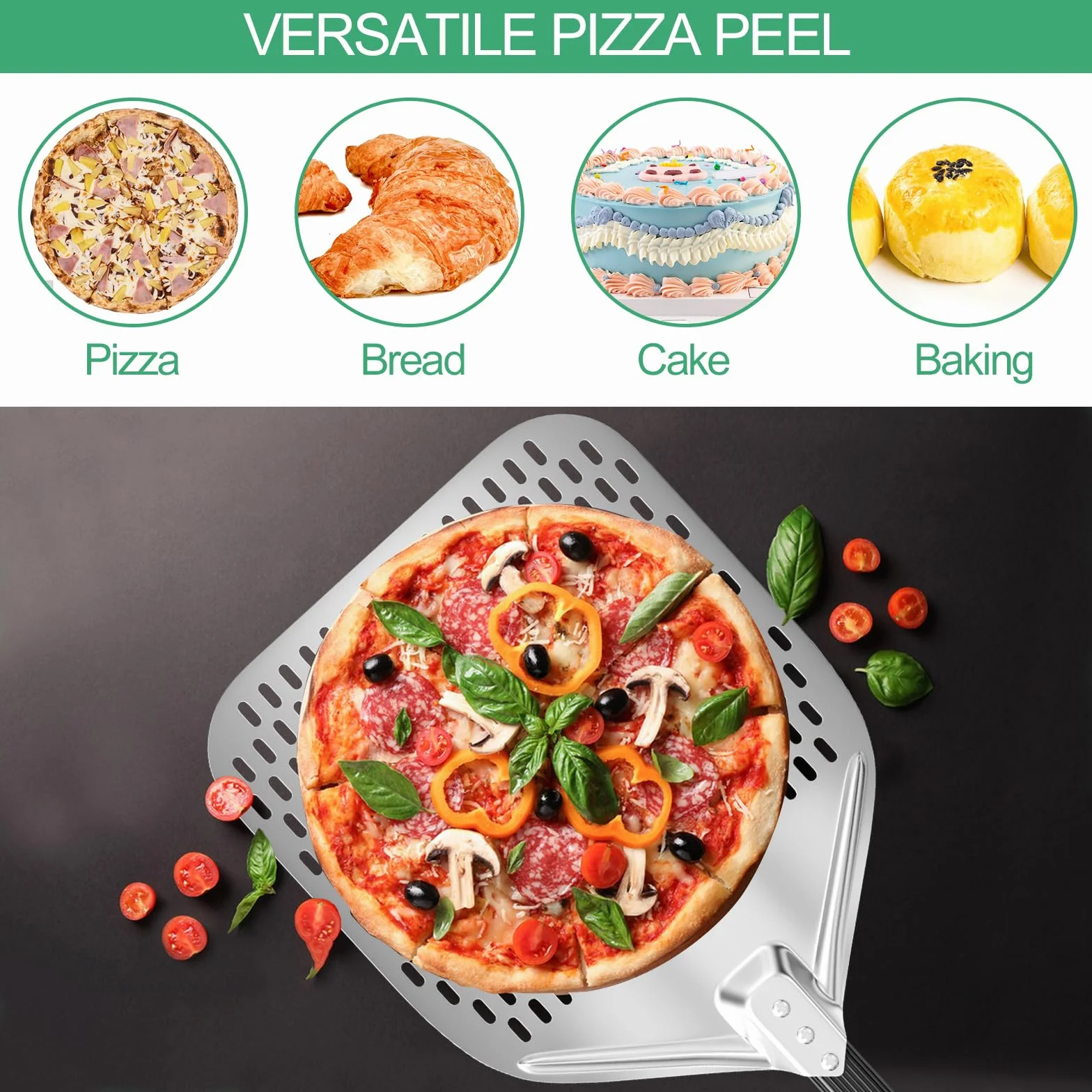 Maxentico Pala per Pizza, Paletta per Pizza, Pala Pizze Forata in Alluminio Anodizzato Duro, con Manico Lungo Rimovibile 40cm per Sollevare Pizze e Prodotti da Forno per Il Forno - Rettangolare