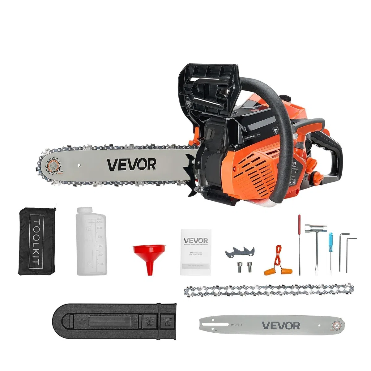 VEVOR Motosega a Gas da 40 cc Motosega a Scoppio da 355 mm 1,8 CV con Impugnatura Antiscivolo, con Doppio Serbatoio, per Taglio del Legno, Potatura degli Alberi e Disboscamento, Arancione Nero