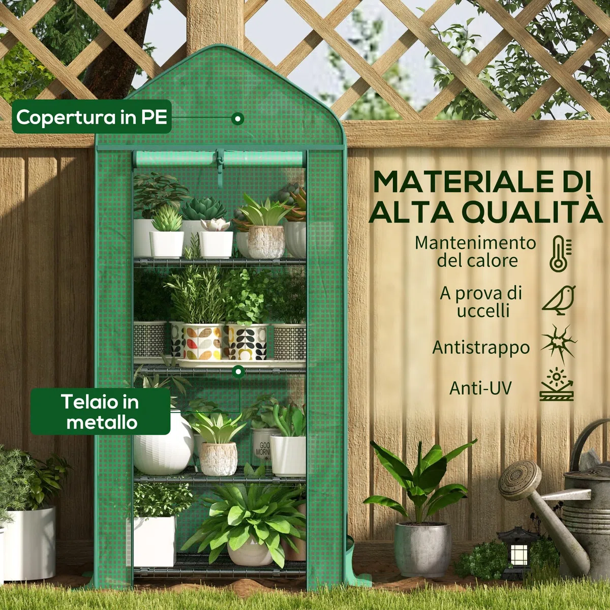 Outsunny Serra per Piante a 4 Ripiani con Porta Avvolgibile, Piccola Serra in Metallo e PE, 69x49x158 cm, Verde scuro