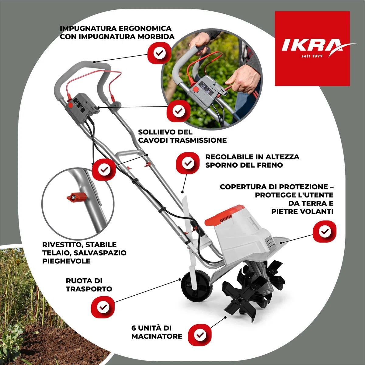 IKRA motozappa elettrica IEM 1500, larghezza regolabile 32 e 45 cm | Prepara il terreno alla semina, 1500W, 20 cm, sperone frenante, ruota trasporto, pieghevole, protezione sovraccarico