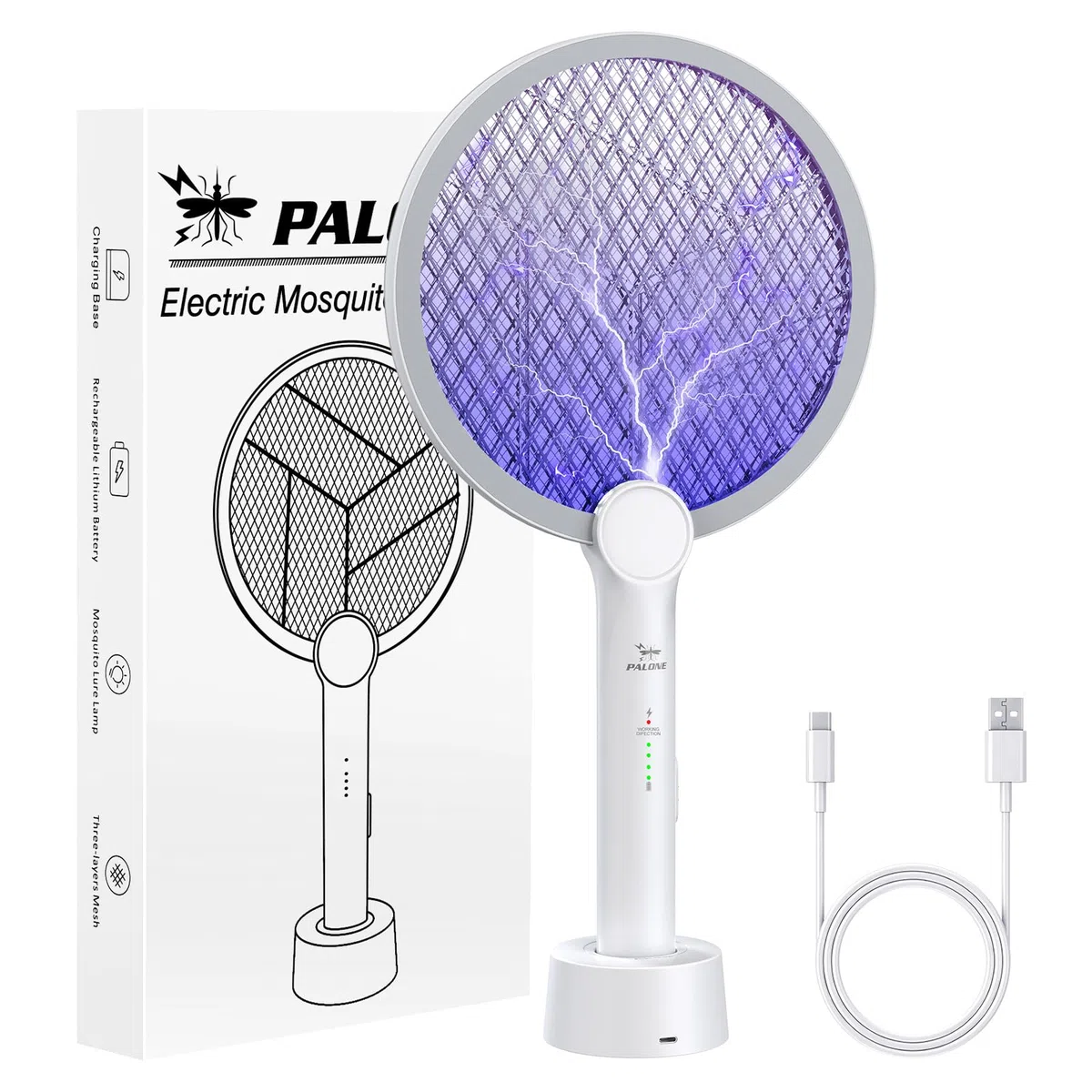 PALONE Racchetta Zanzare Elettrica, Ricaricabile 4000V Racchetta Zanzare Elettrico con USB C, Protezione Maglia a 3 Strati, Antizanzare per Casa Campeggio Interni ed Esterni