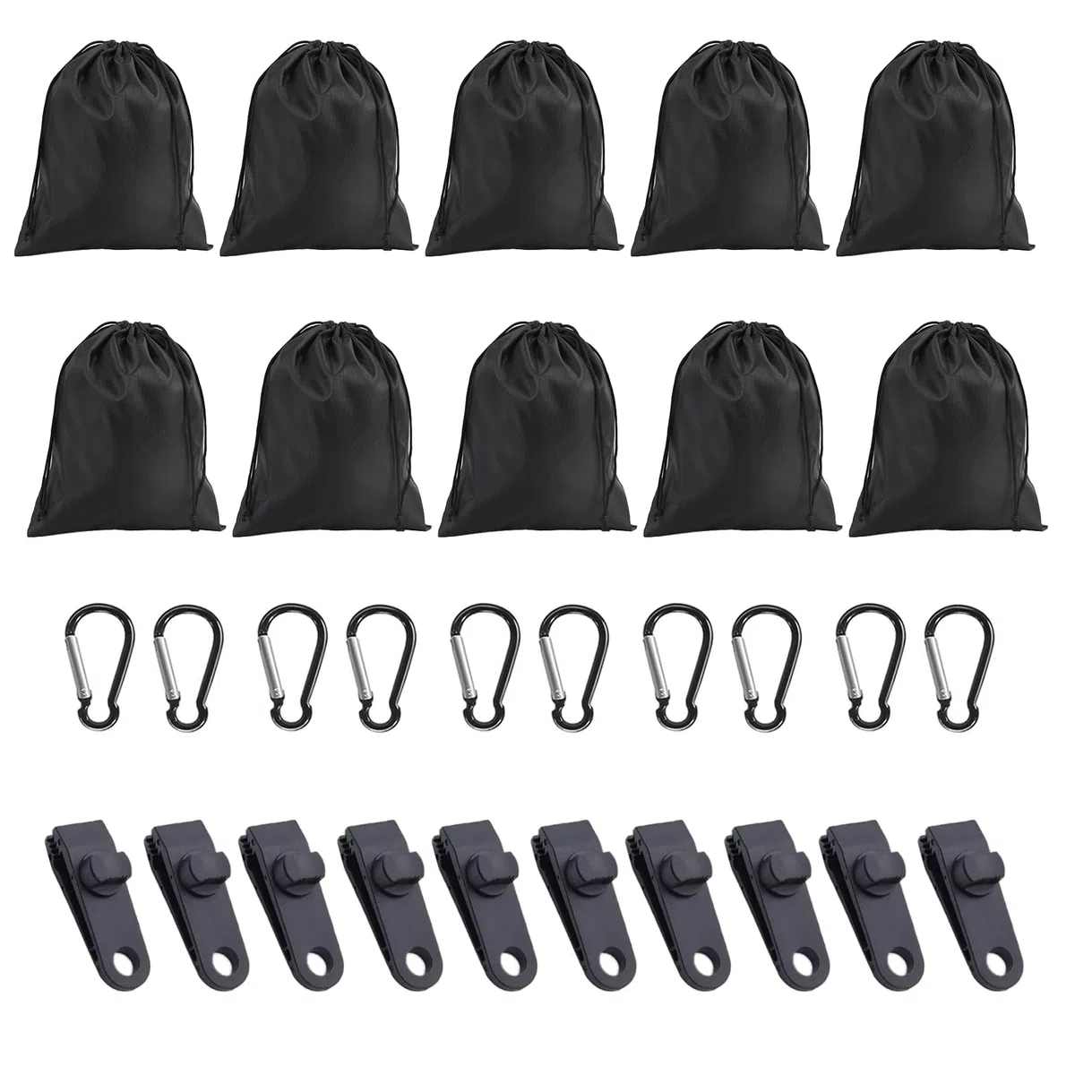 10 sacchetti per pesi resistenti al vento con 10 moschettoni e clip – Riempimento flessibile, fissaggio senza attrezzi per tovaglie, tende, giardino, campeggio (10 pezzi)