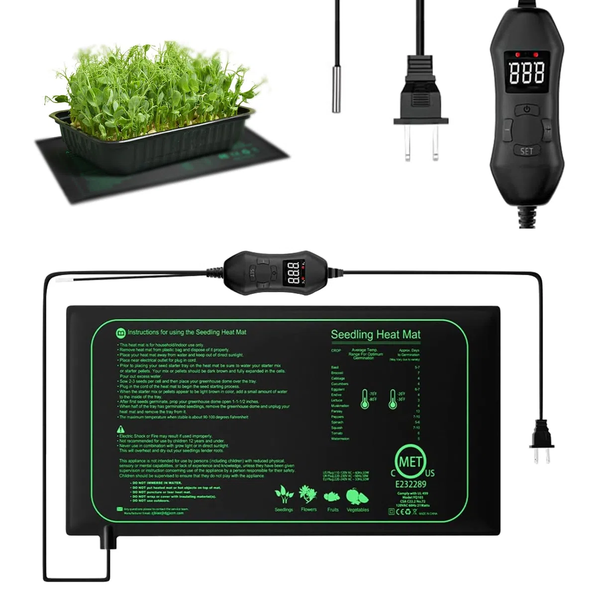 Begonia Tappetino riscaldante per piante con termostato, 50 W, per interni, per serra da 52,5 x 25 cm, con regolazione della temperatura, IPX4, impermeabile, per piantine, animali domestici e rettili