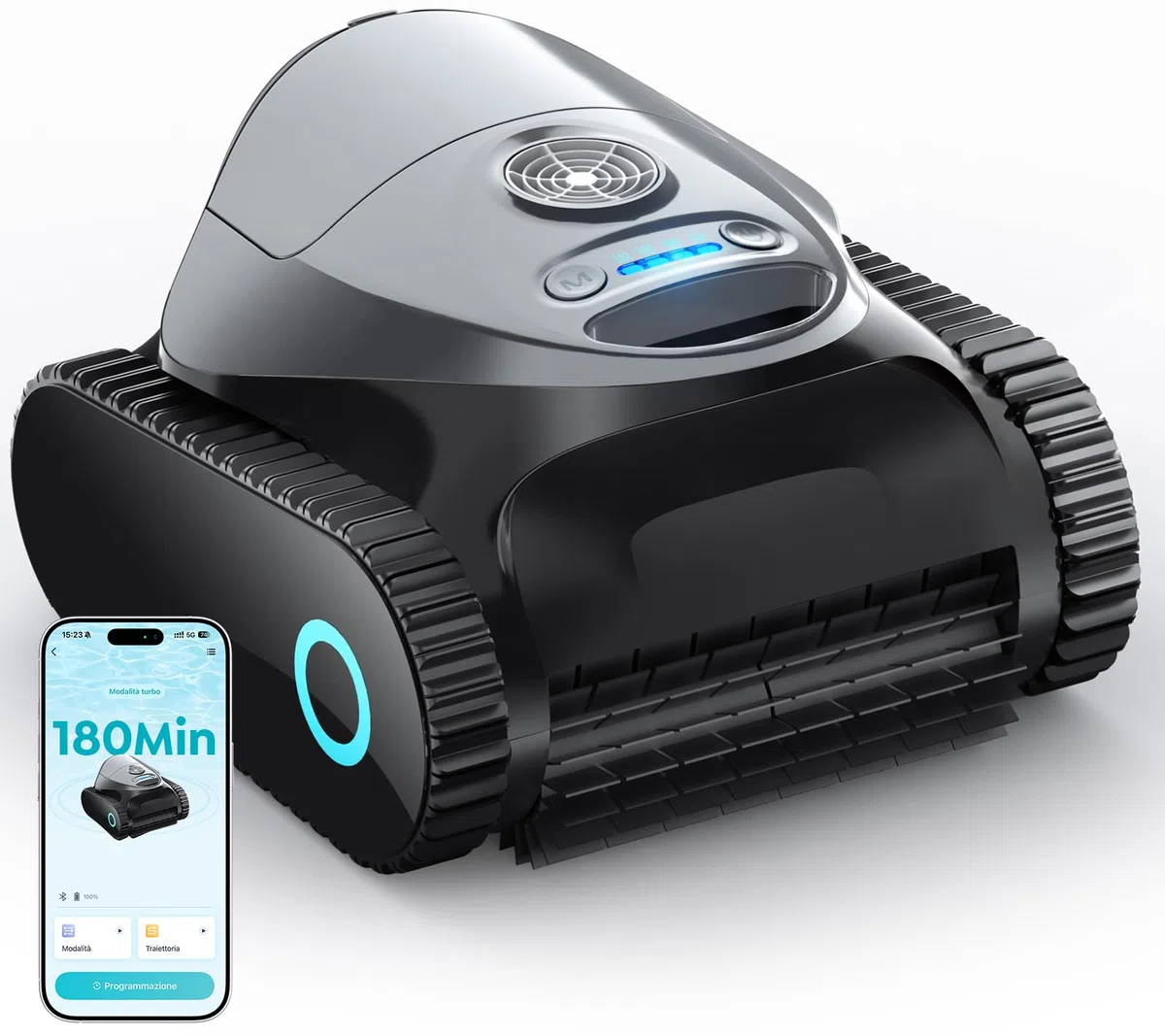 C1 Robot Piscina Pareti e Fondo, Linea d'acqua, Doppio Filtro, Aspiratore Piscina Senza Fili, 7 Modalità di Pulizia, 180 min, Pulitore con App, Robot Pulisci Piscine fino a 150 m², Grigio