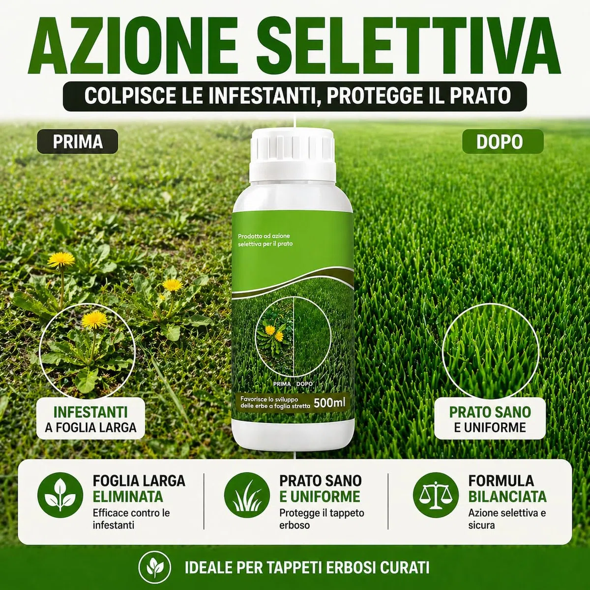 Diserbante Naturale Selettivo e Rinverdente Prato 500ml - Erbicida Foglia Larga per Tappeto Erboso - Ferro Chelato HEDTA Azione Rapida - Concime Liquido contro Infestanti e Muschio