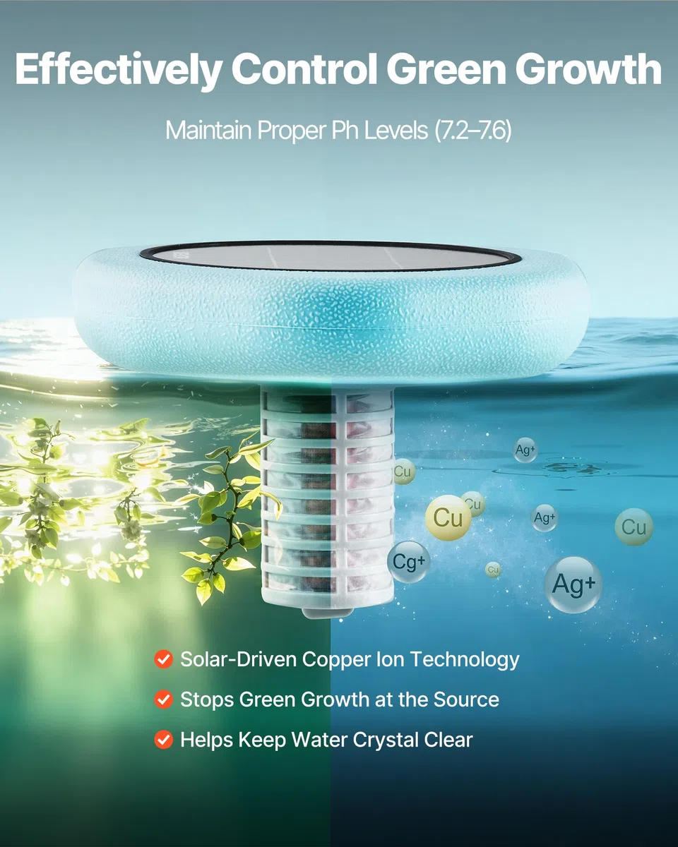 VEVOR Ionizzatore Solare per Piscina Purificatore per Acqua Piscina Purificatore Forma Esagonale max. 170343 L, Ionizzatore ad Energia Solare Galleggiante per Piscina SPA Vasca Idromassaggio
