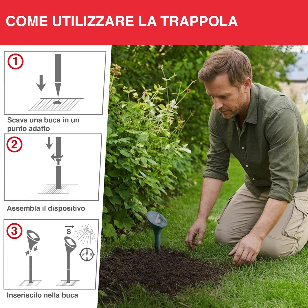 SWISSINNO Dissuasore solare talpe arvicole fino a 650 m² ultrasuoni vibrazioni anti roditori resistente alle intemperie per giardino prato funzionamento continuo giorno notte dispositivo 1 pezzo