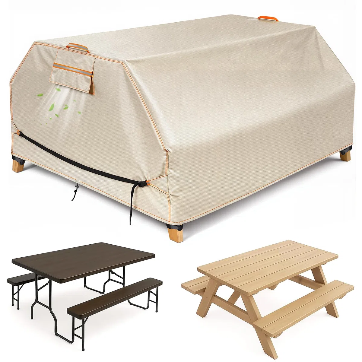 GARPROVM Copertura per tavolo da picnic per esterni, patio, tavolo da picnic, 178/182 cm, impermeabile, in tessuto Oxford 420D, resistente, antivento, color cachi