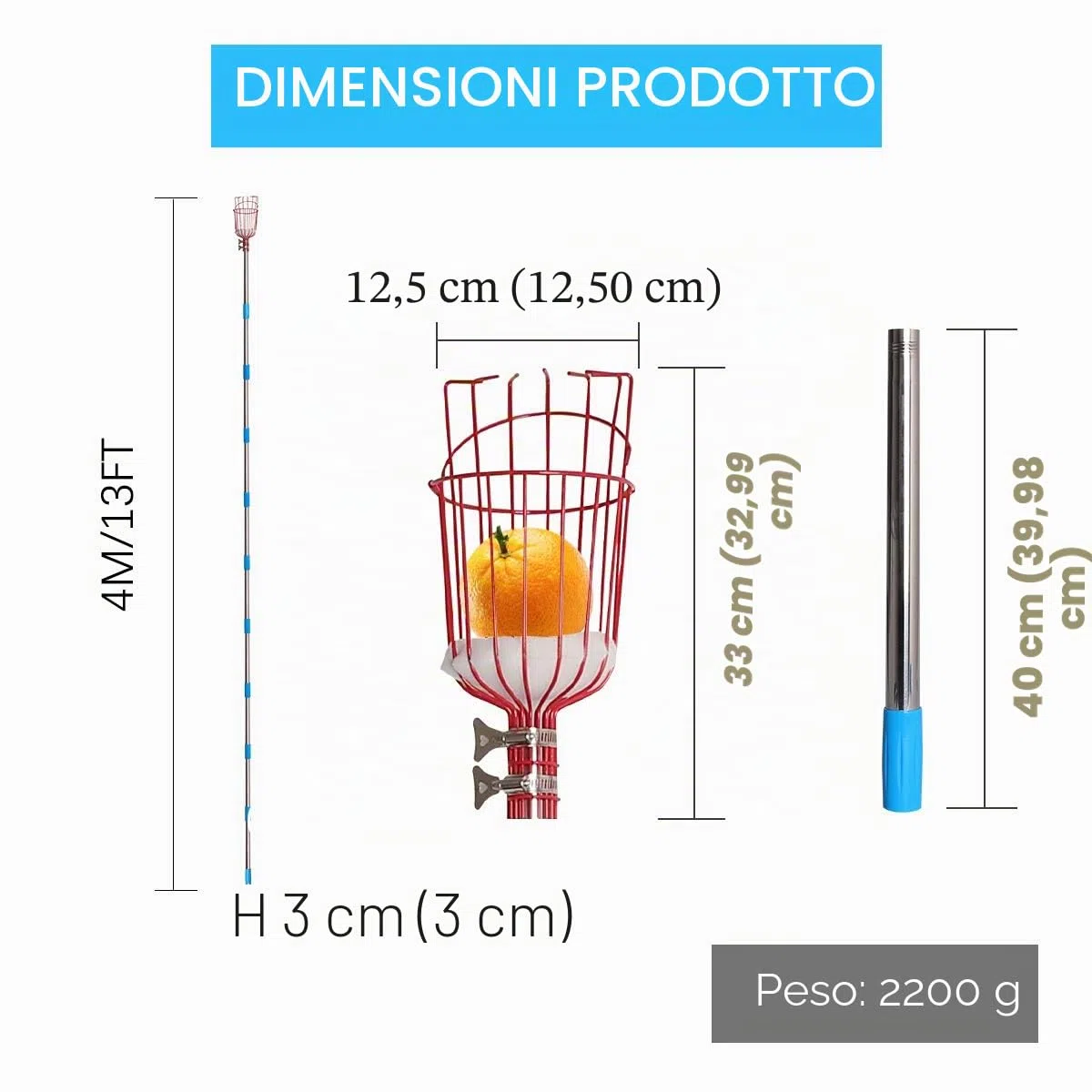 Raccogli Frutta Telescopico Raccoglifrutta con Testa a Cestello Asta di Estensione da 4 m, Raccogli Frutta Regolabile in Altezza con Palo Leggero Acciaio inox e Borsa per il Trasporto Della Frutta