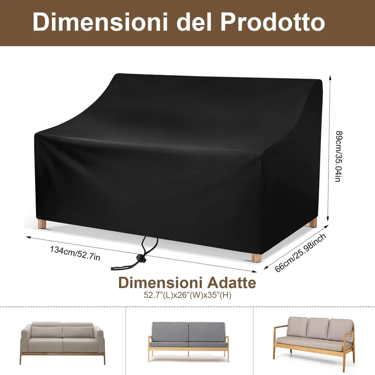 Copri Divano Esterno Nero, Copri Divano Esterno Impermeabile, Copertura per Sedie Esterne a 2 Posti, Coperture per Mobili Da Giardino Anti-Vento E Impermeabile, Copertura Divano Esterno Con Cordoncino