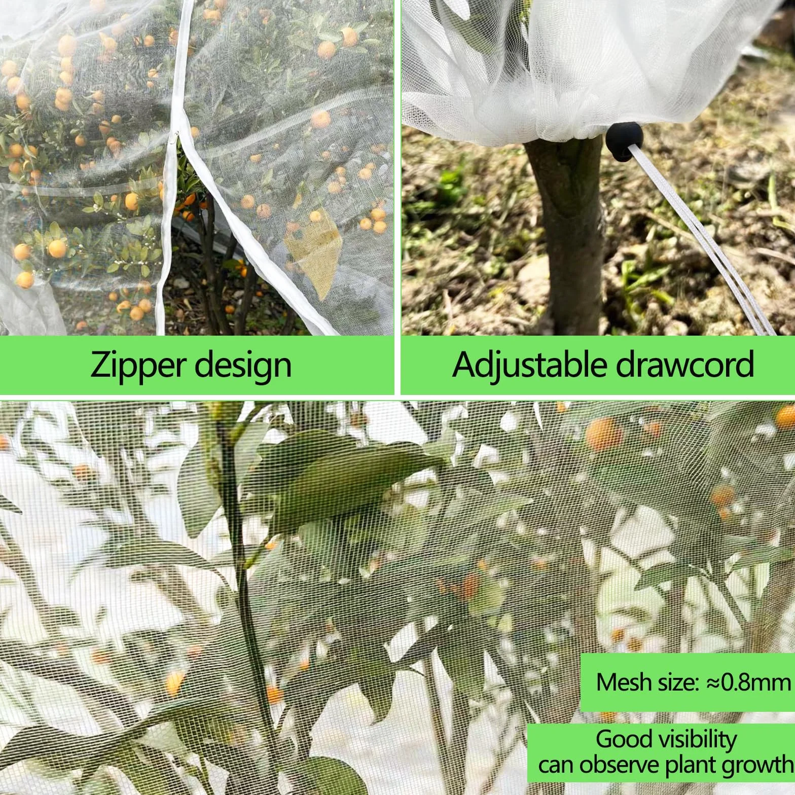 Rete per Alberi da Frutto, Borsa per Rete Protettiva 3x3m - Anti Uccelli e Insetti con Cordino e Cerniera Regolabile - Copertura Large Piante per Giardino/Esterni Maglia Fine