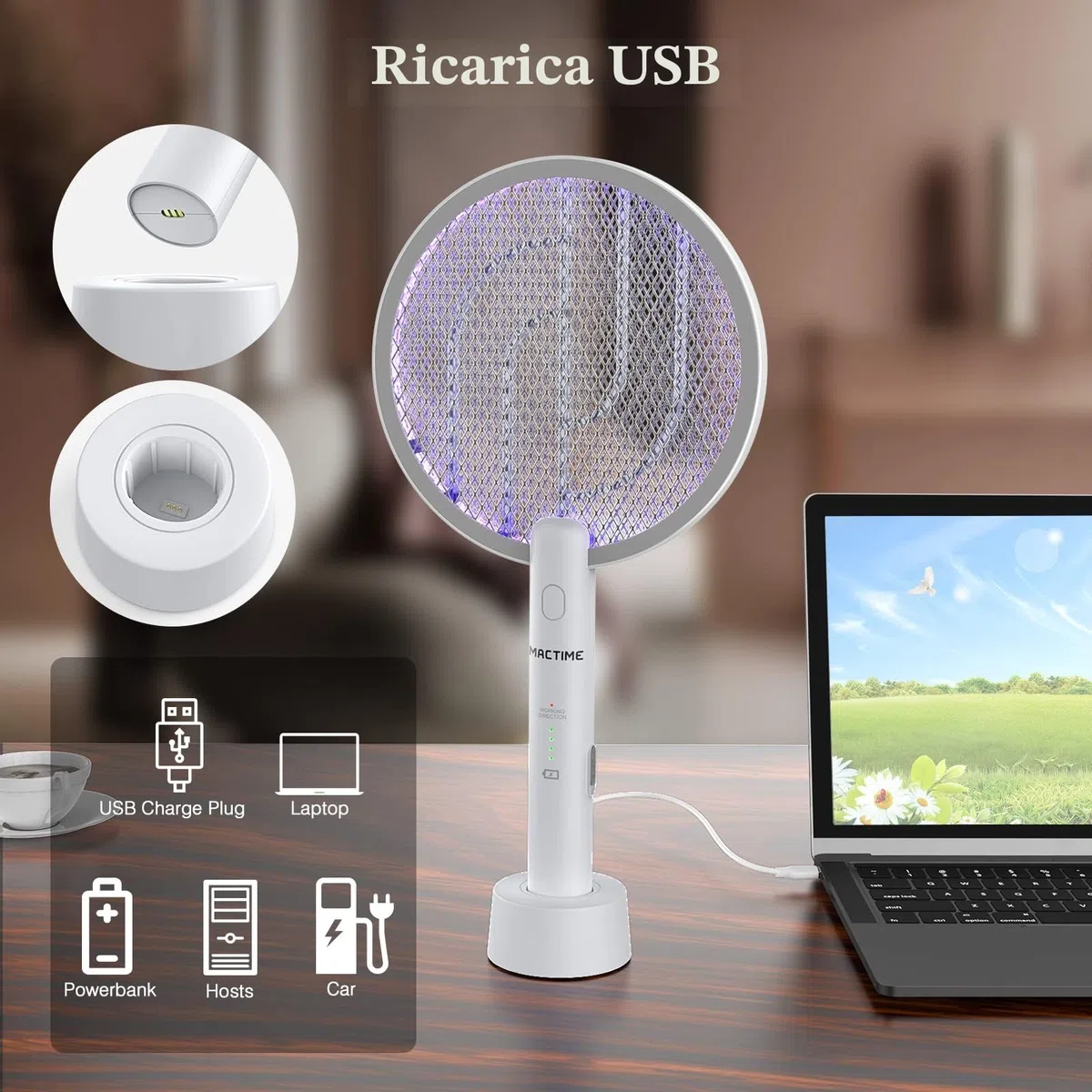 Racchetta Zanzare Elettrica, 4000V 2-In-1 Racchetta Antizanzare, USB Base di Ricaricabile, e Lampada UV, Protezione Maglia a 3 Strati, Adatto per Casa, Giardino, Interni ed Esterni