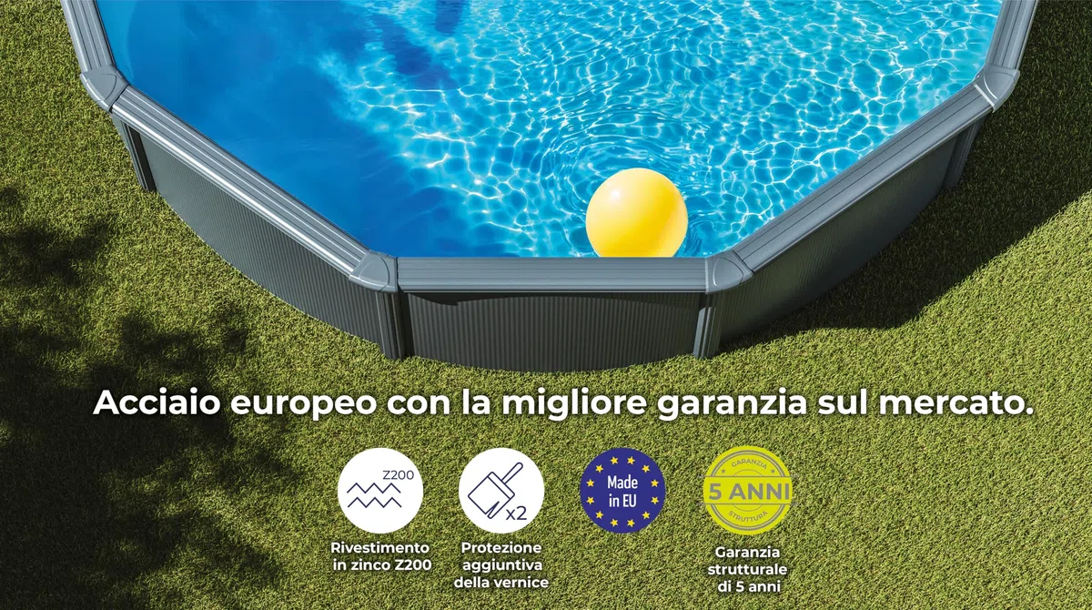 Piscina Gre KITPR458GF Granada. - Piscina fuori terra in acciaio, rotonda con aspetto in acciaio grafite. Piscina scomponibile per Giardino. 460 x 132 cm