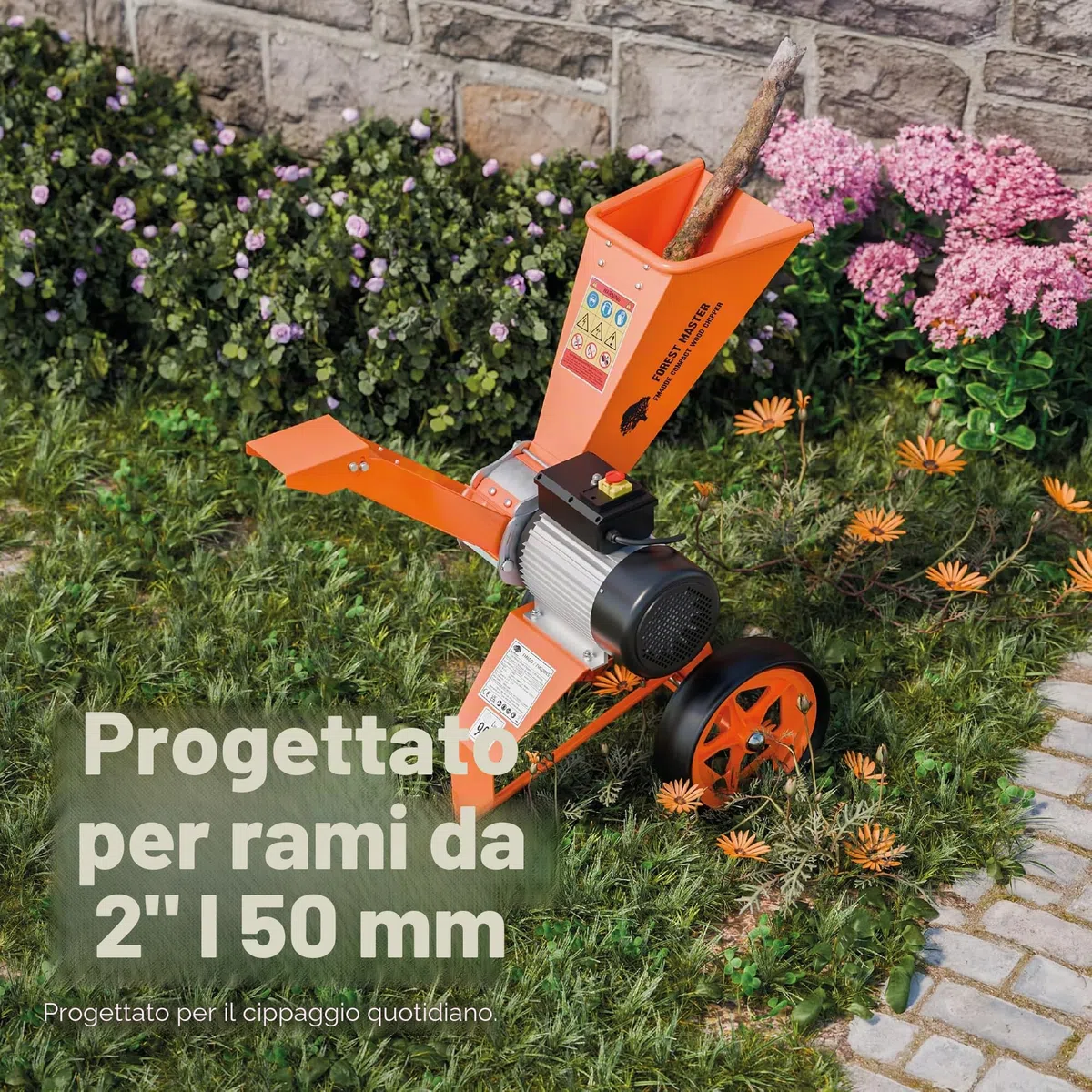 FM4DDE-EU-ADJ Cippatrice Elettrica 4hp con Tramoggia Rotante – Trasmissione Diretta, Compatta e Portatile – Sminuzza Rami fino a 50 mm di Diametro con Sistema Anti-Blocco Migliorato e Spina EU