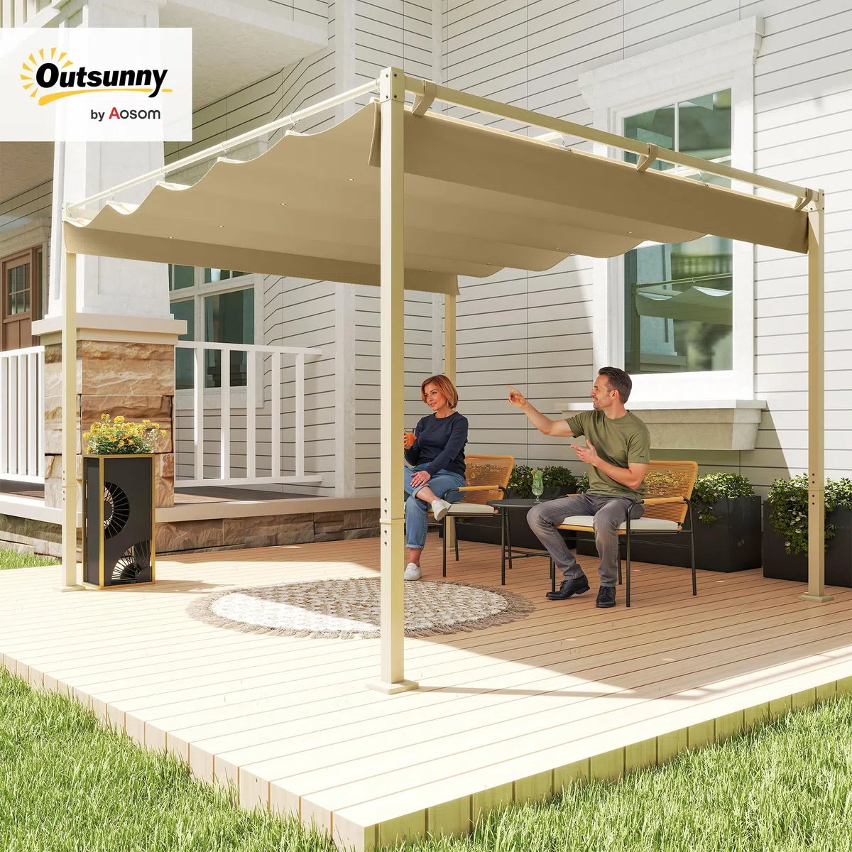 Outsunny Gazebo Pergola 3x3 m Pergolato,Telo Richiudibile Retrattile, Cachi | Telo Resistente, Struttura in Metallo, Pergola per Giardino, Terrazzo, Balcone, Veranda, Patio, Piscina, Esterno