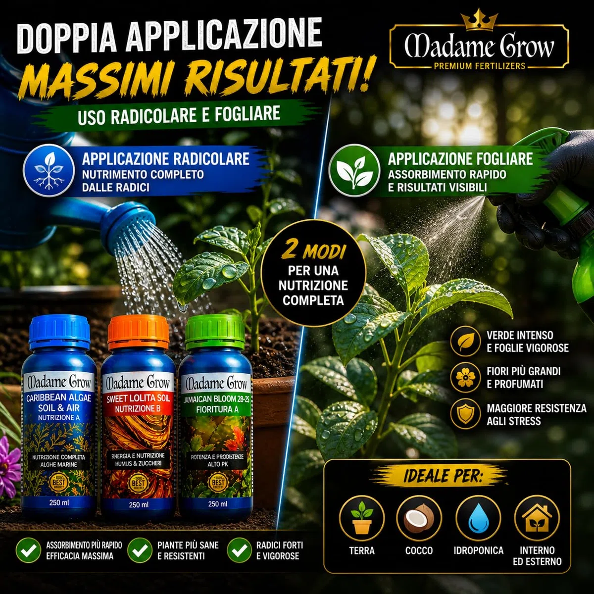 Madame Grow Kit Fertilizzanti Organici 3x1L - Concimi Biologici Superconcentrati, Ciclo Completo Crescita e Fioritura per Piante, Vegetal Bioplant