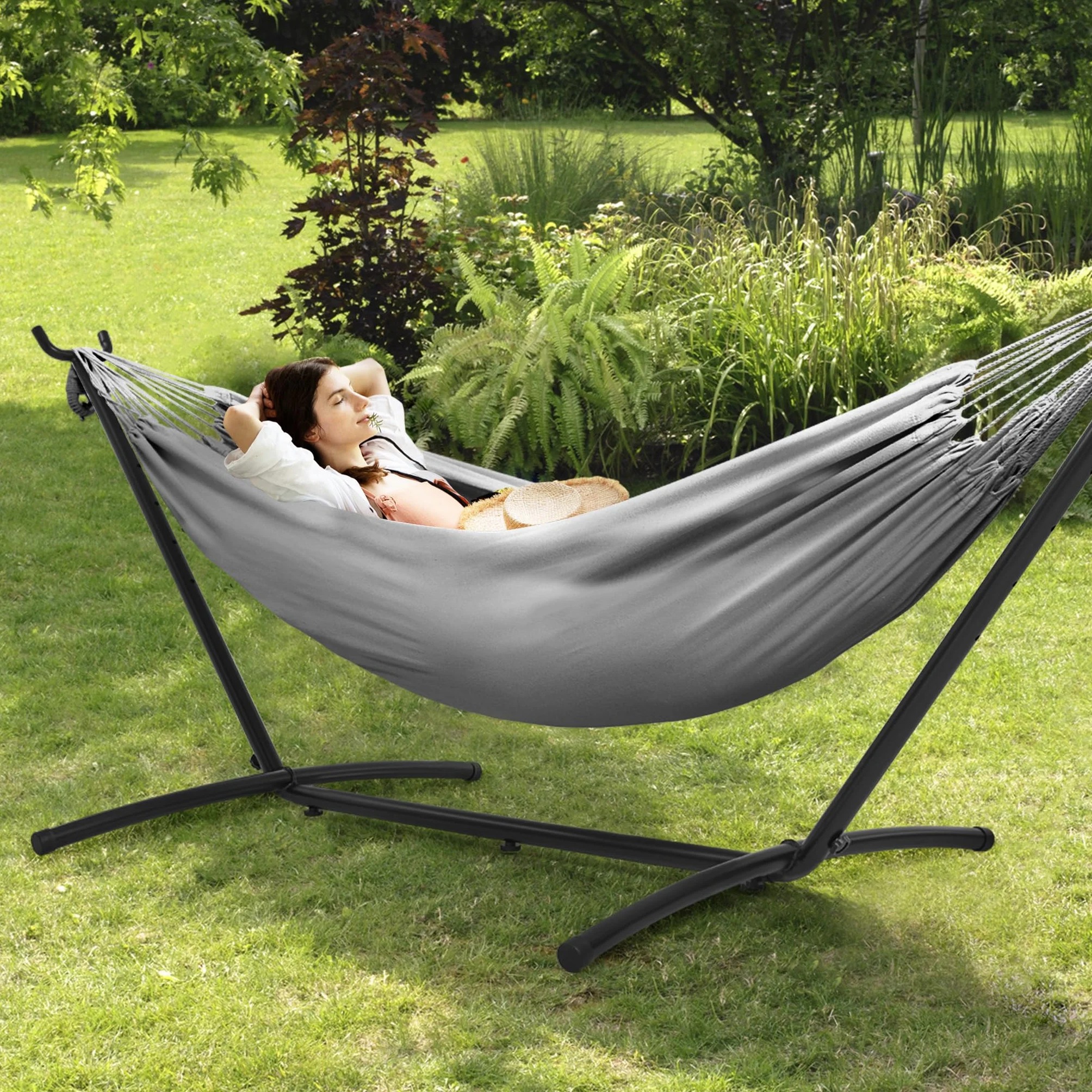 Mondeer Amaca da Campeggio con Supporto Amaca da Giardino per Esterni in Tessuto Singolo con Telaio in Metallo con Borsa Portatile e Accessori, Capacità di Carico 200 Kg, per Viaggi, Patio