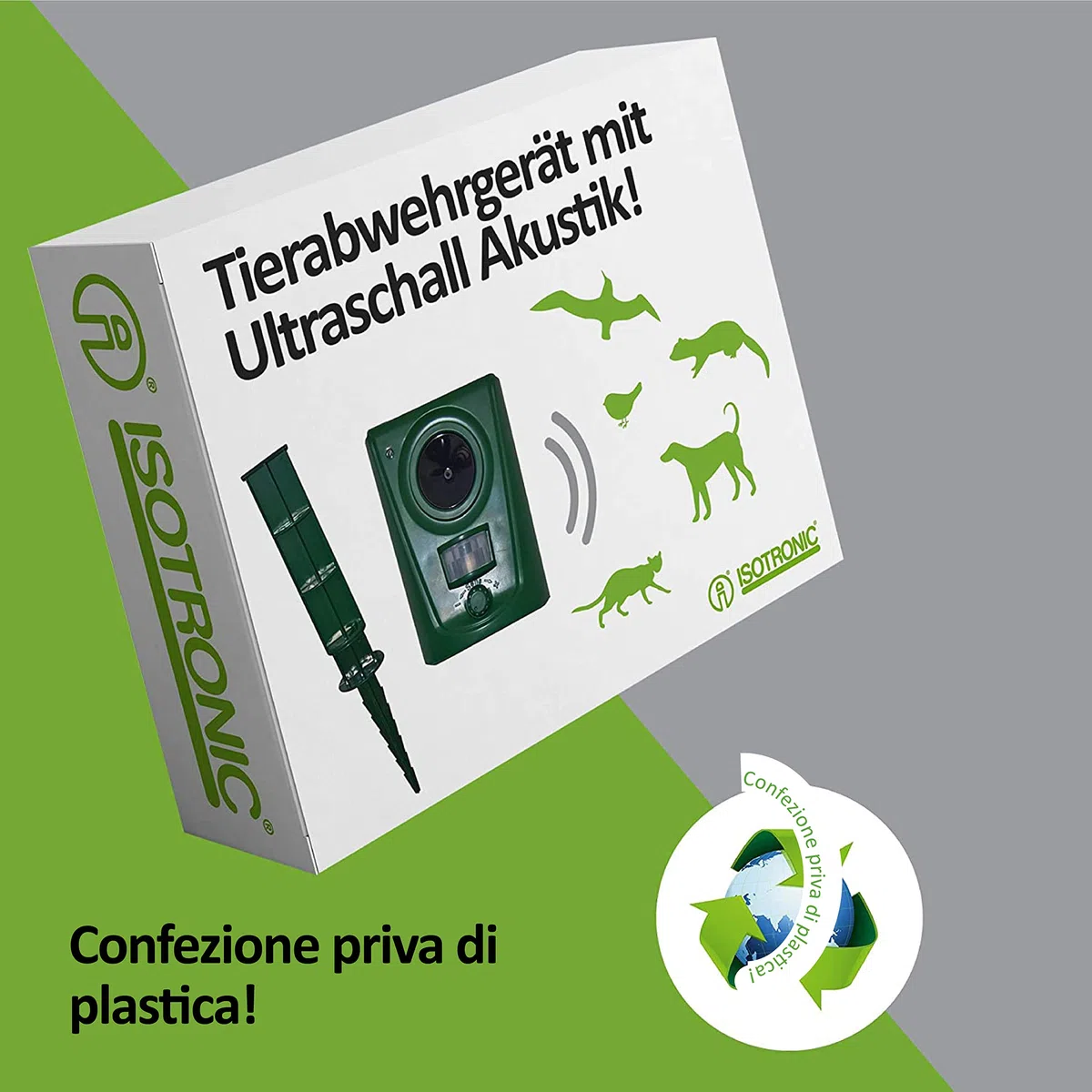 ISOTRONIC repellente animali ultrasuoni selvatici uccelli cani gatti martore batteria picchetto giardino incluso raggio 60m² 3 pezzi efficace esterno dissuasore protezione difesa ecologico stop