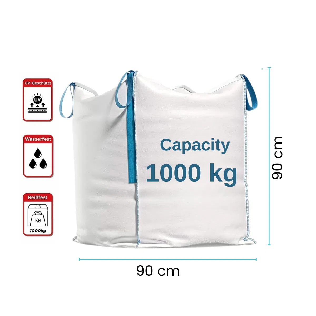 Big Bag - Borsa da trasporto 90 x 90 x 90 cm, capacità 1000 kg, borsa in polipropilene intrecciato con 4 maniglie di sollevamento, per macerie, legno, sabbia, rifiuti da giardino (1)