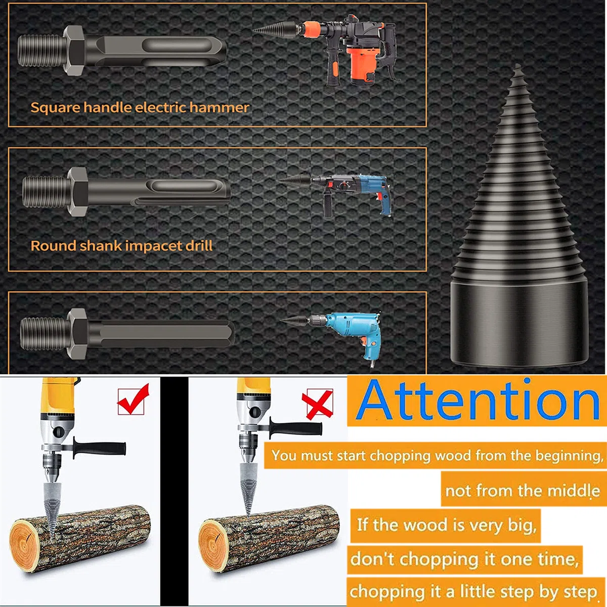 Legna da Ardere Spaccalegna Smontabile Coni Kindling Legno Spaccatura Tronchi Bit Log Splitter Vite Cono Accensione Legna Da Ardere Splitter per Uso Domestico Elettrico Trapano