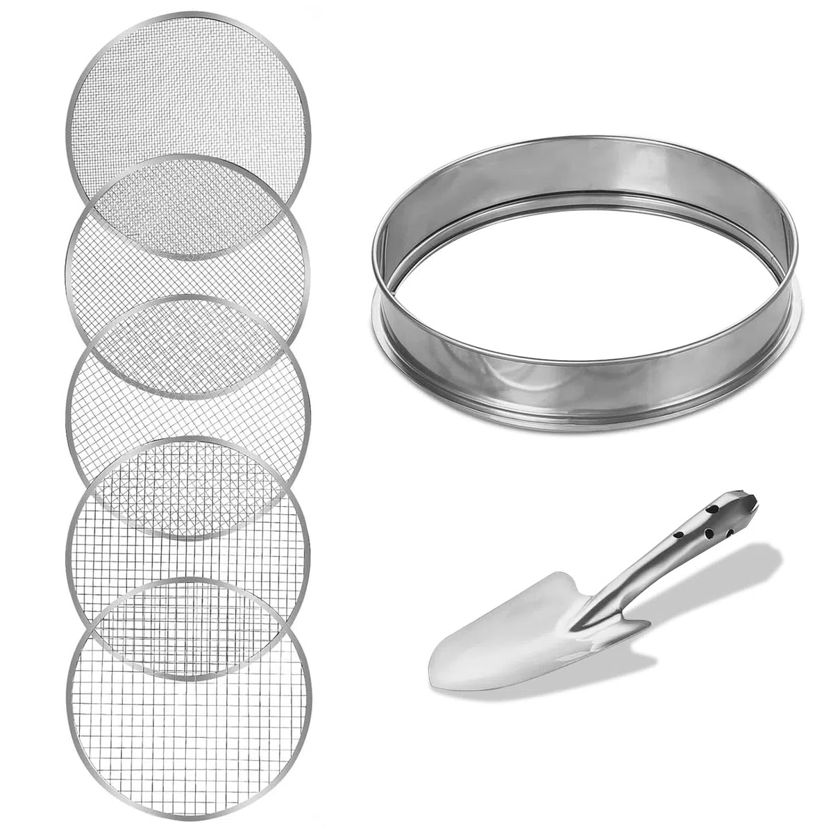 Set di Setaglio da Giardino Rotondo 30cm in Acciaio Inox con 5 Setacci Intercambiabili di 3/6/9/10/12mm, Attrezzi da Giardino per Setacciare Terreni, Semi, Pietre e Compost, Comprese Pale