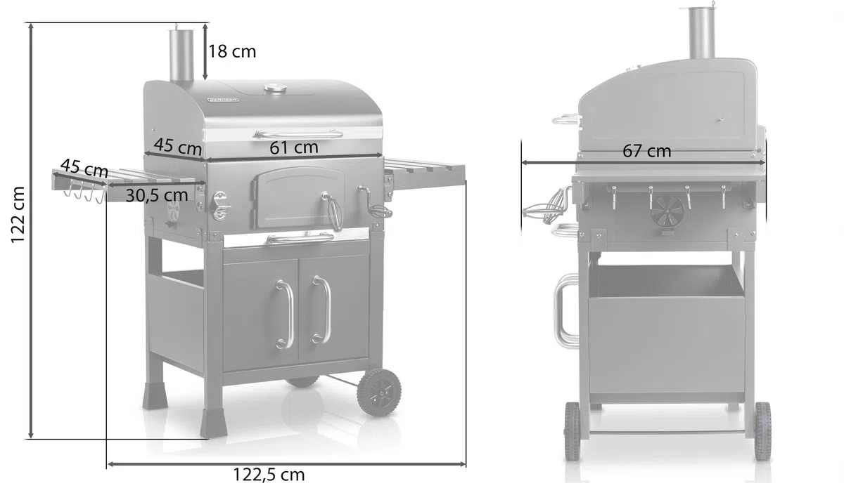 Berdsen BBQChef - Barbecue a carbonella con camino e griglia in ghisa, 41,5 x 57 cm, vassoio per carbone regolabile in altezza, termometro, ripiani laterali pieghevoli, mobiletto inferiore, griglia su