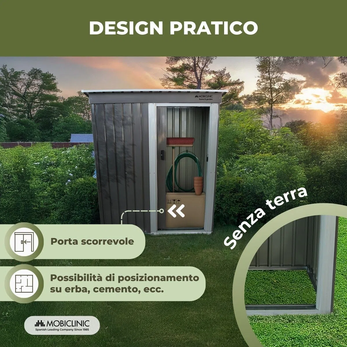 Mobiclinic®, Casetta da Giardino, Con Porta Scorrevole, 150 x 75 x 181 cm, Armadio da Esterno, Lucchettabile, Nomi, Tetto spiovente, 1.4 m², Custodia Sicura, Resistente, Grigio