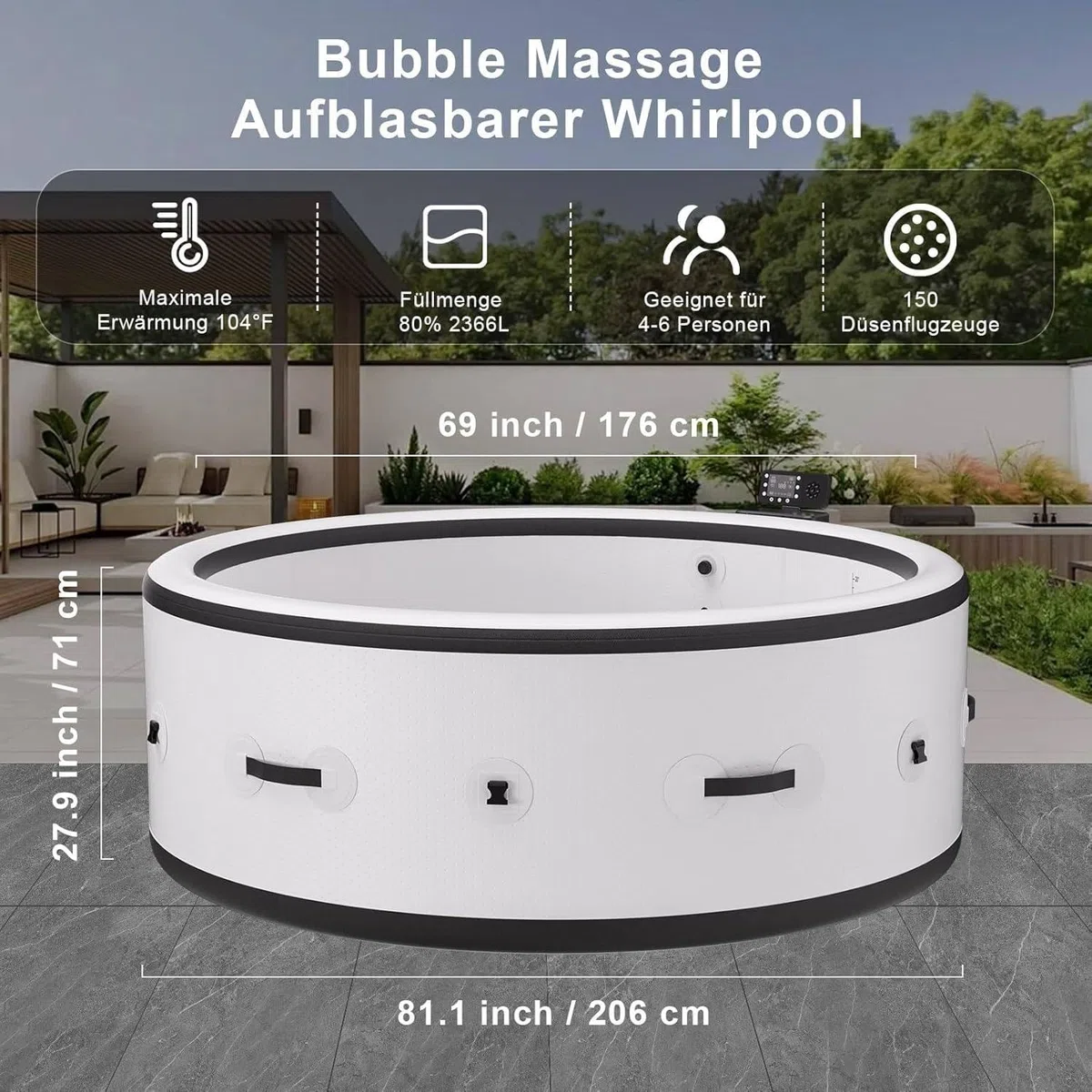 Vasca idromassaggio gonfiabile per 4-6 persone, spa rotonda portatile con massaggio a bolle e pannello di controllo digitale, perfetta per uso interno/esterno in cortile, patio o bordo piscina