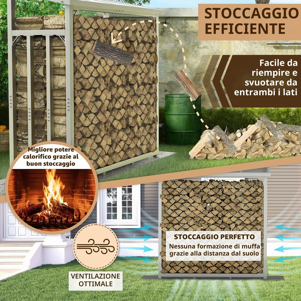 Portalegna da Esterno Coperto con Tetto 188x70x188 cm Argento Zincato | 45 kg, Metallo, Capacità 3t, Con Telone, Legnaia da Esterno