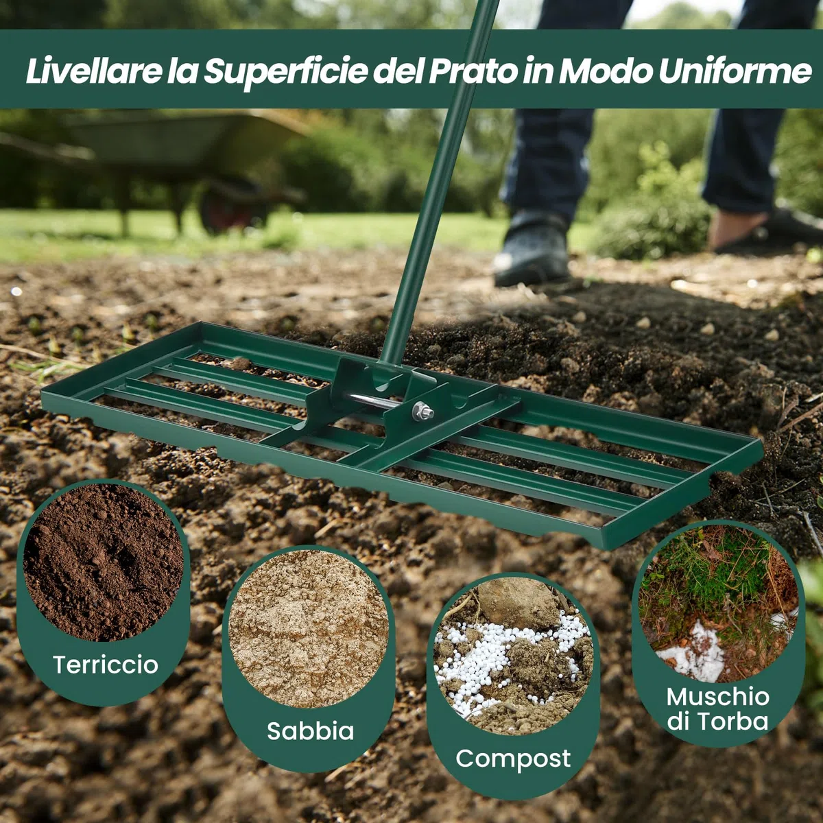 RELAX4LIFE Rastrello da Giardino 75/91/106CM, Rastrello Livellatore per Prato, Attrezzo da Giardino in Metallo per Livellare il Terreno e la Sabbia del Prato (91 x 25 cm)