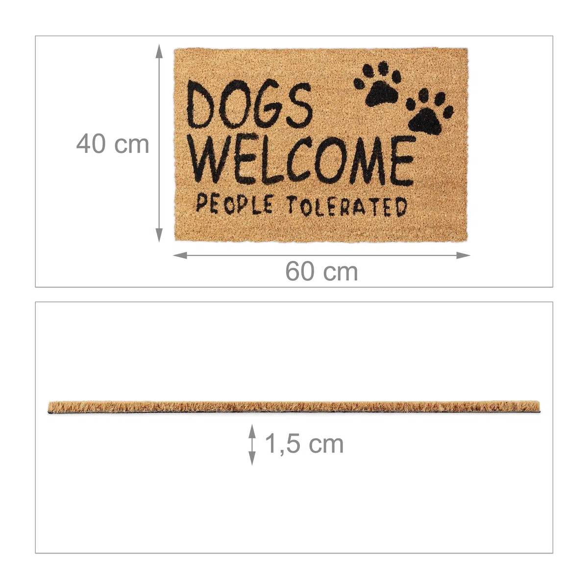 Relaxdays Zerbino, Fibra di Cocco, Frase Dogs Welcome, Zona Interna ed Esterna, LP40x60 cm, Antiscivolo, Naturale/Nero