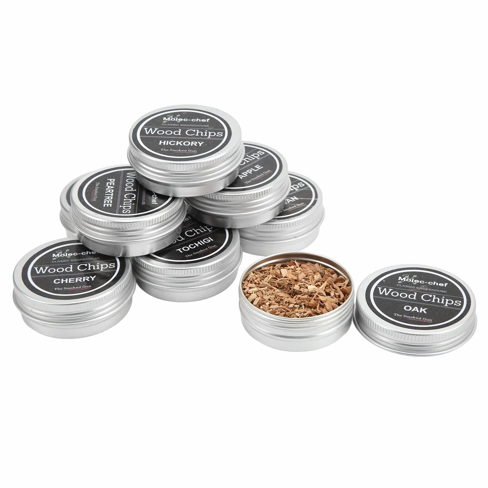 8 Gusti Trucioli di Legno per Affumicatura Naturale, Chip per Infusore di Fumo tra Cui Mela, Hickory, Faggio, Ciliegia, Pesca, Pera, Segatura di Quercia, Tronchi Misti, Patatine per Cocktail, Bevande