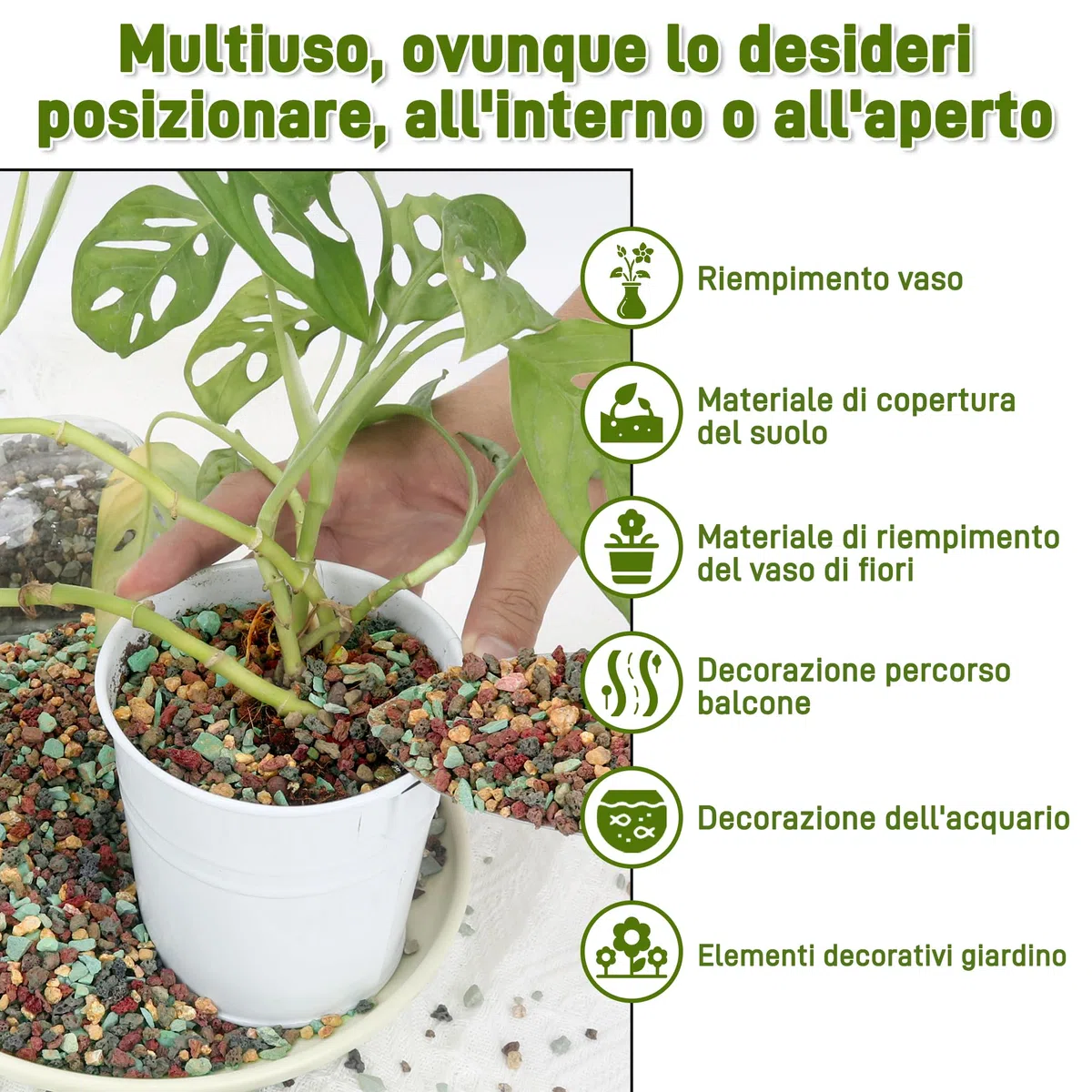Miscela di Sassi Vulcanici 1.4 kg (3 lb) - Pietre per Piante in Vaso 4 in 1 (Lava Rossa, Lava Nera, Zeolite Verde, Maifan) 3-6mm - Sassolini Decorativi per Vasi, Orchidee, Bonsai, Giardino