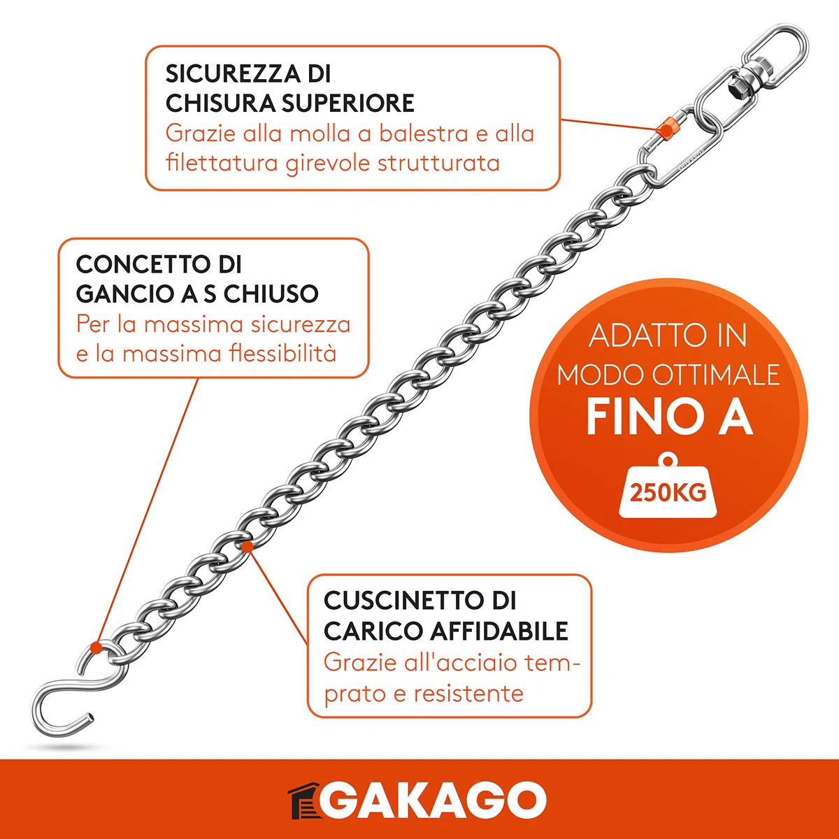 Gakago Catena di prolunga Come Catena per Sedia sospesa, prolunga per Altalena, Supporto per Sacco da Boxe - Catena in Acciaio con Gancio a S, girella e moschettone - Anche per Esterni