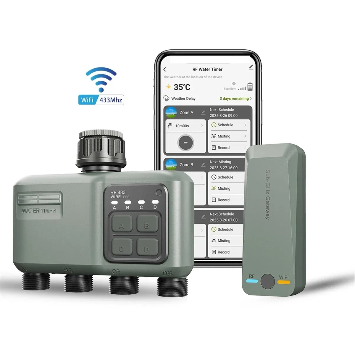 Wifi + RF433 Smart Garden Sprinkler Water Timer 4-Outlet Rain Delay Filtro Programmabile Controller automatico di irrigazione