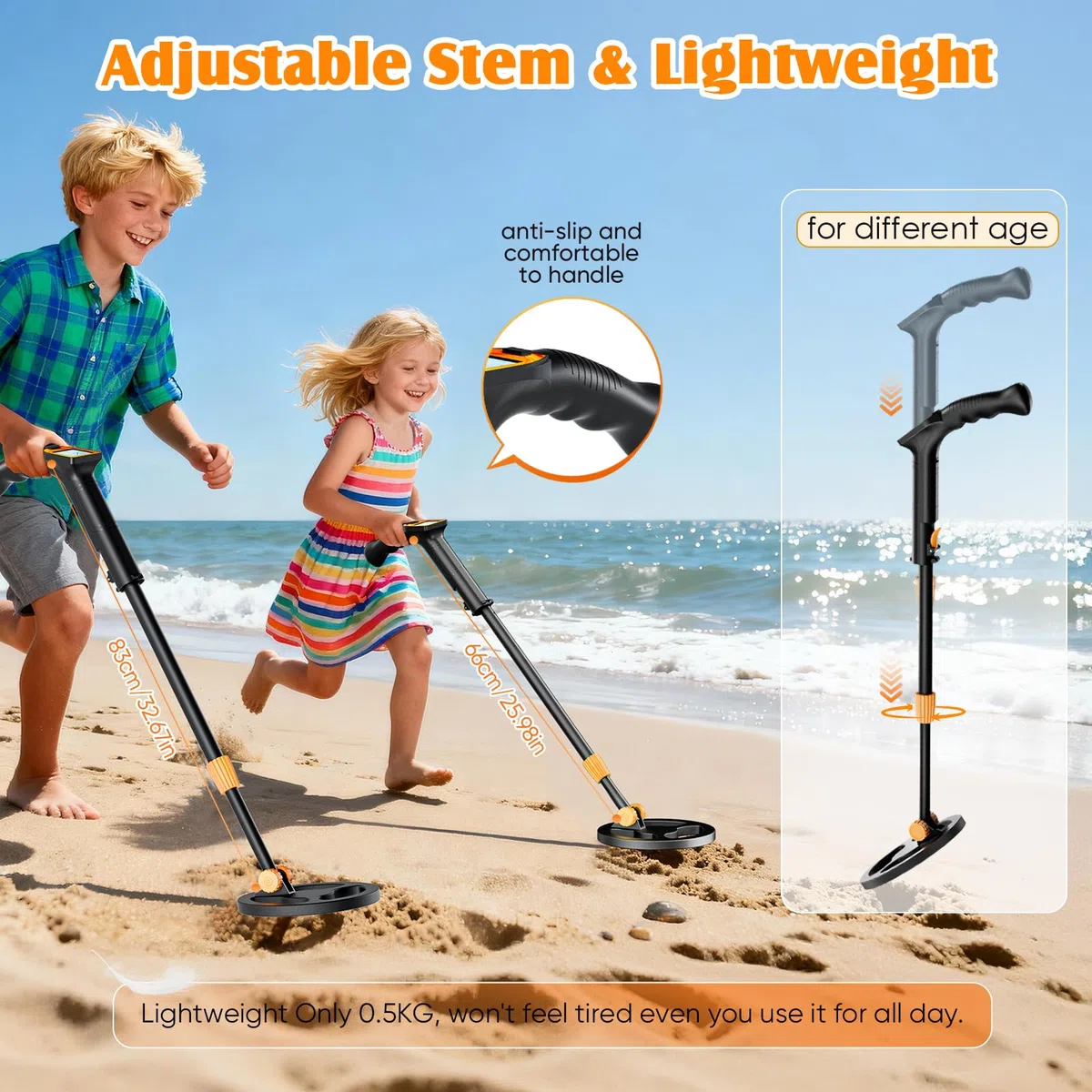 Metal Detector Bambini, Metal Detector per Bambino Leggero con Asta Regolabile 66-83 cm, Display LCD e Bobina di Ricerca Impermeabile, Pala, Rastrello, Setaccio e Borsa, Arancione