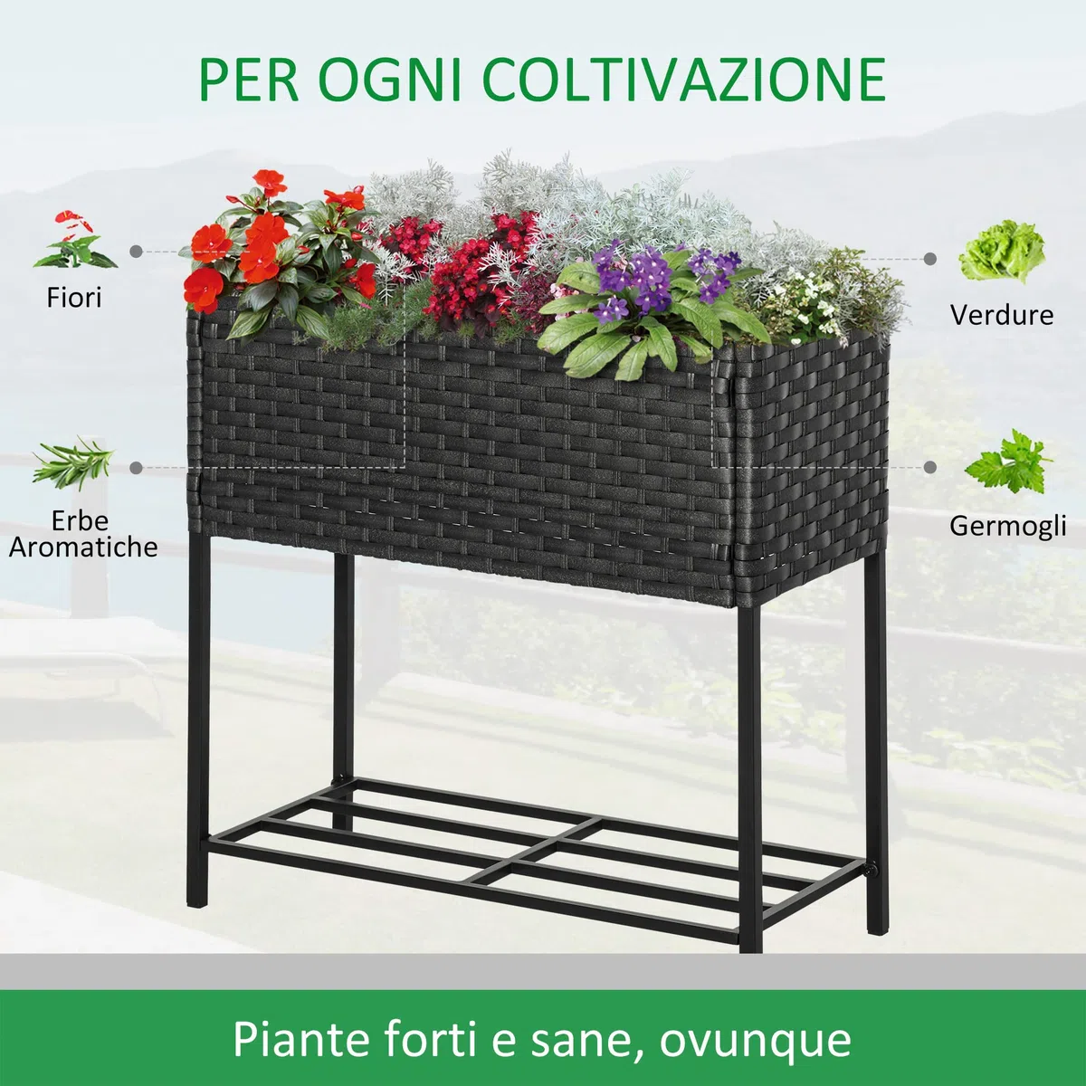Outsunny Letto per Orto Rialzato, Fioriera Effetto Vimini con Ripiano, Aiuola Rialazata per Esterni e Interni, Grigio (70cm x 30cm x 72cm)