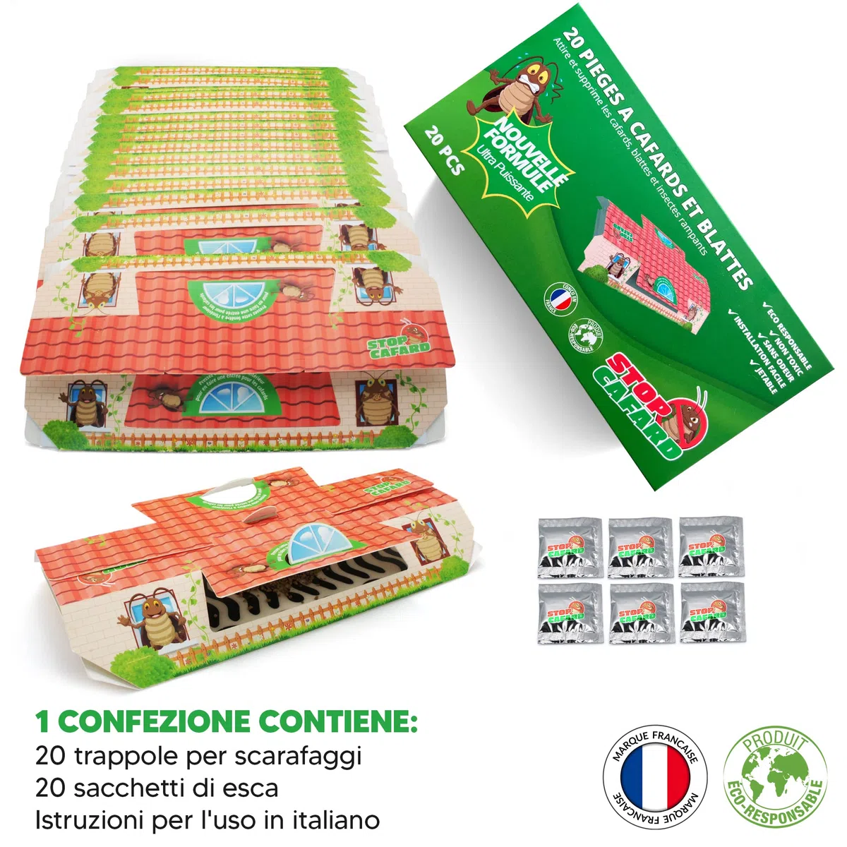 20 Trappole Scarafaggi e Blatte. Potente Trappola Professionale per Scarafaggi. Trappola Scarafaggi Non Tossica. Stop Cafard, Verde e arancione