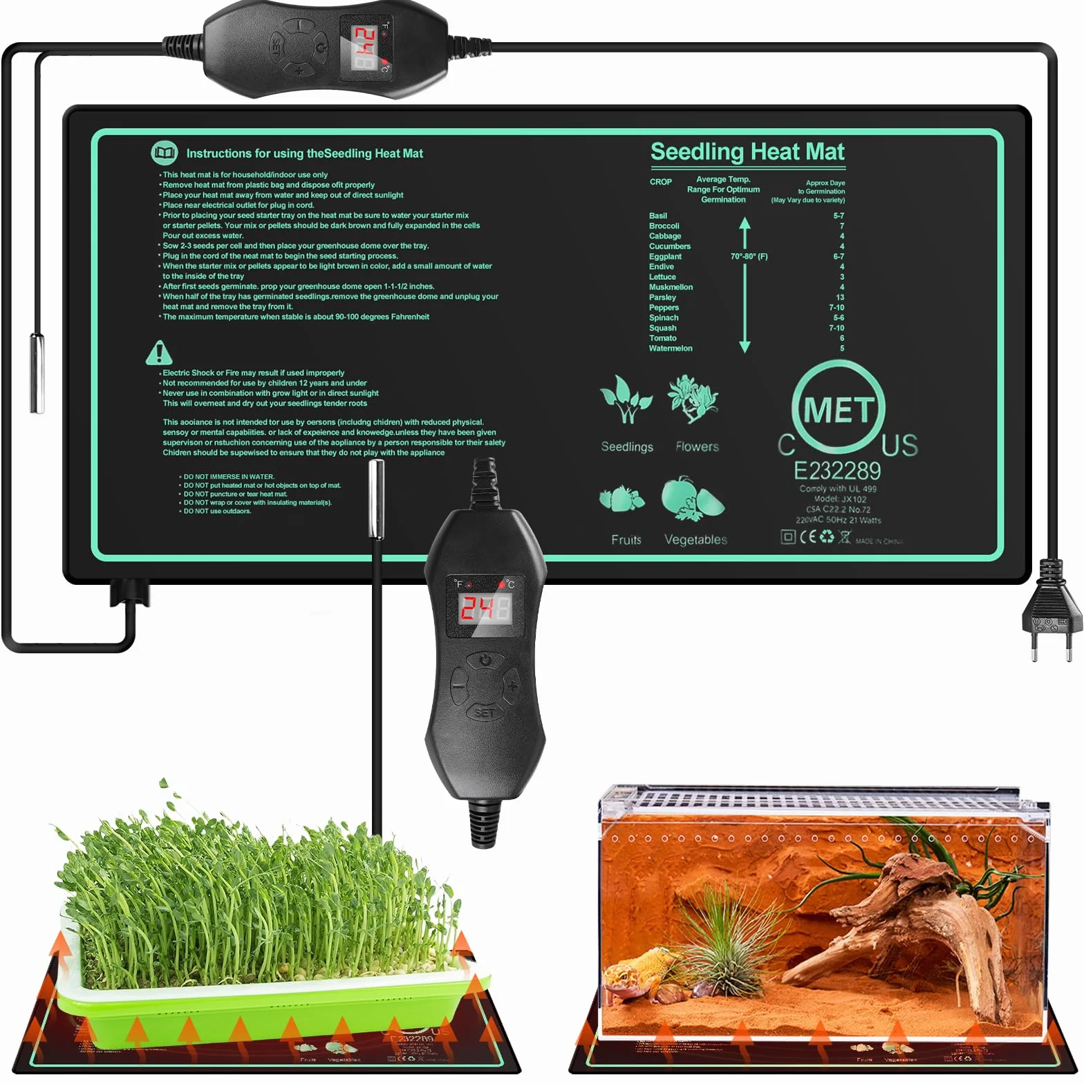Tappetino riscaldante per piante con termostato: 10 x 20,75 pollici, sicuro tappetino riscaldante per piante, 50 W, durevole, tappetino riscaldante per piante, serra, per piantine e animali domestici