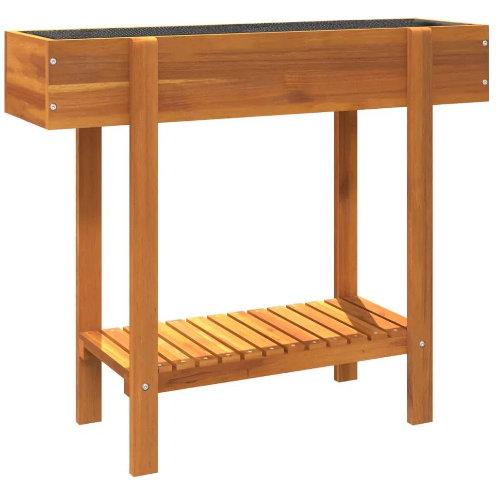 Fioriera Rialzata 90x30x75 cm Legno Massello Acacia da Giardino | Vasca per piante da balcone e patio con ripiano inferiore e sacco interno in tessuto, ideale per orto ed erbe aromatiche.