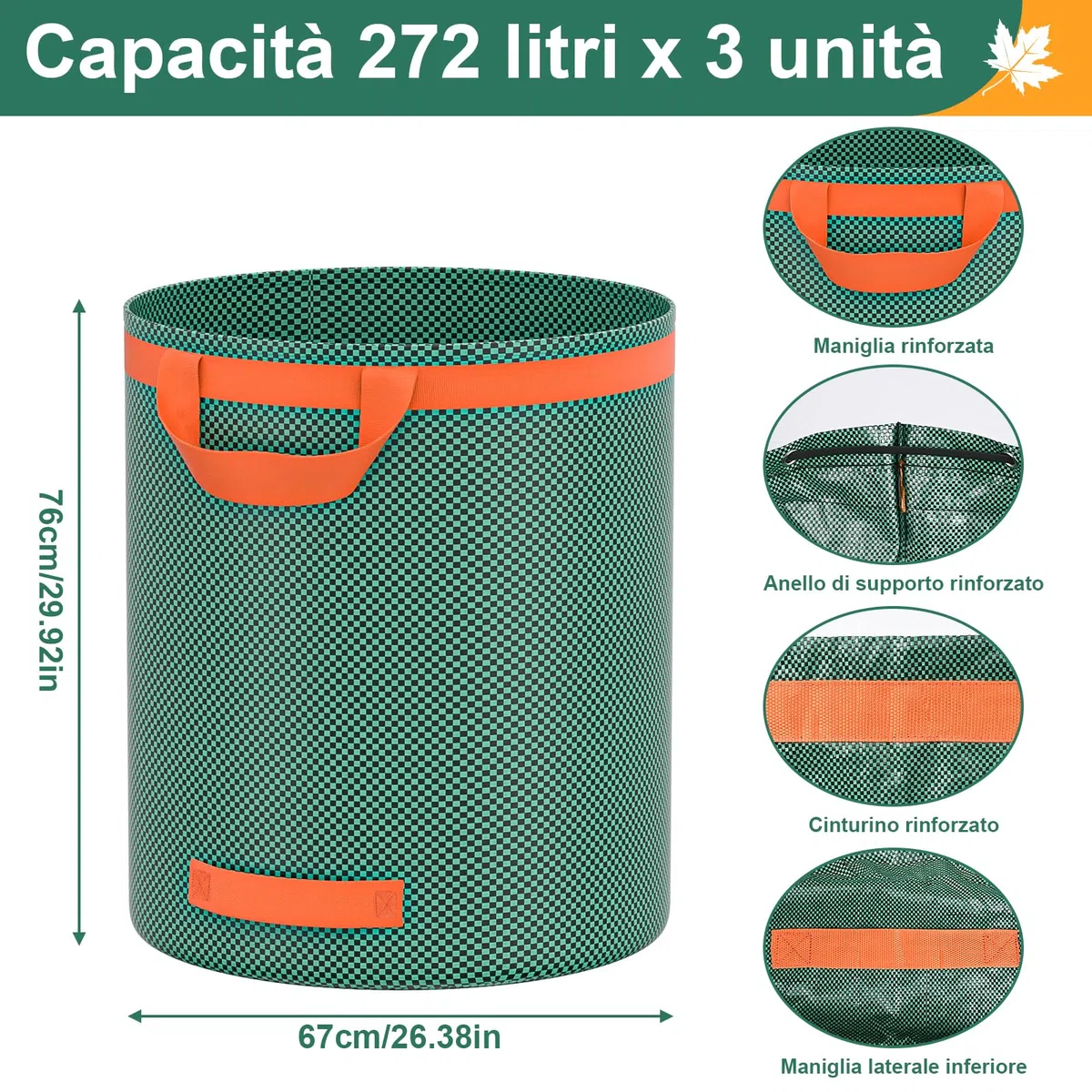 3x272L Sacchi per Rifiuti da Giardino Resistenti,Sacchi Giardinaggio Pieghevole,Sacchi Giardinaggio Riutilizzabili con Maniglie, Sacco Raccogli Foglie Autoportante