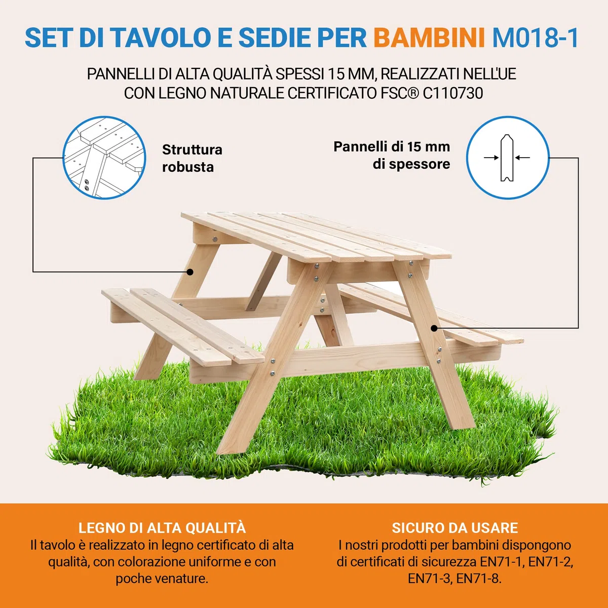 TIMBELA Tavolo da picnic per bambini in legno L90xL90xA50 cm -Gruppo Tavolo con panche M018-1