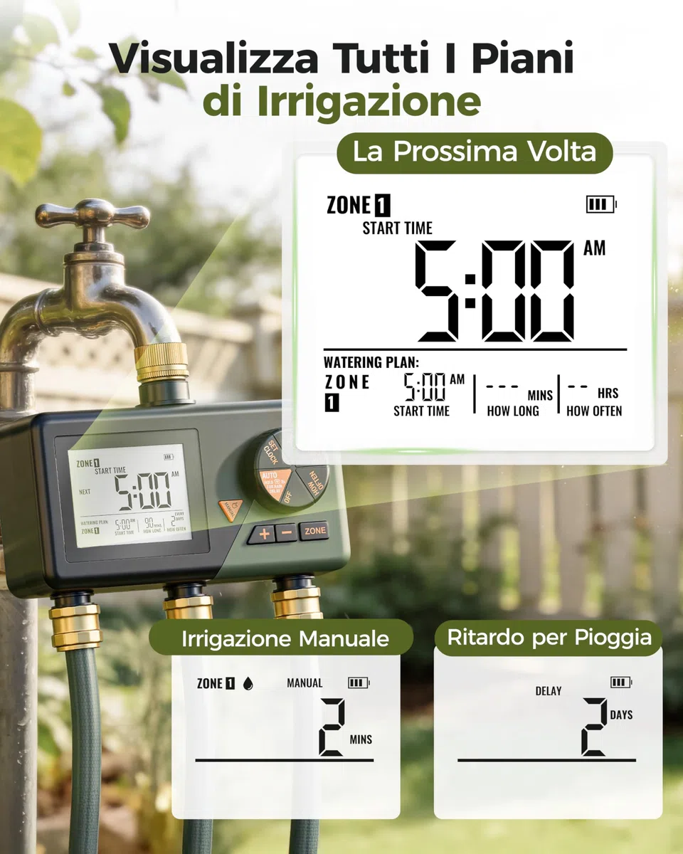 Diivoo Ottone Timer Irrigazione 3 Vie per Giardino, Cortile, Prato | Ampio Display LCD, Ritardo Pioggia, Irrigazione Manuale