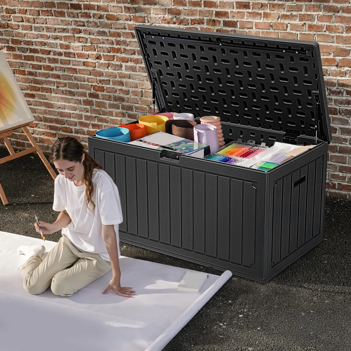 DWVO Scatola portaoggetti in resina da 340 l, impermeabile, a doppia parete, con struttura in legno, portaoggetti da giardino con serratura che funge anche da tavolo o panca (capacità 204 kg), nero