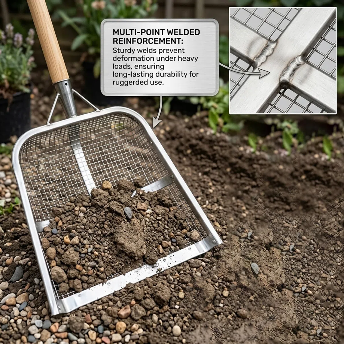 Pala setacciatrice, pala setacciatrice per sabbia rinforzata per carichi pesanti con rete da 12 mm con telaio saldato per giardinaggio, setacciatura del terreno e filtraggio dei cereali, 18