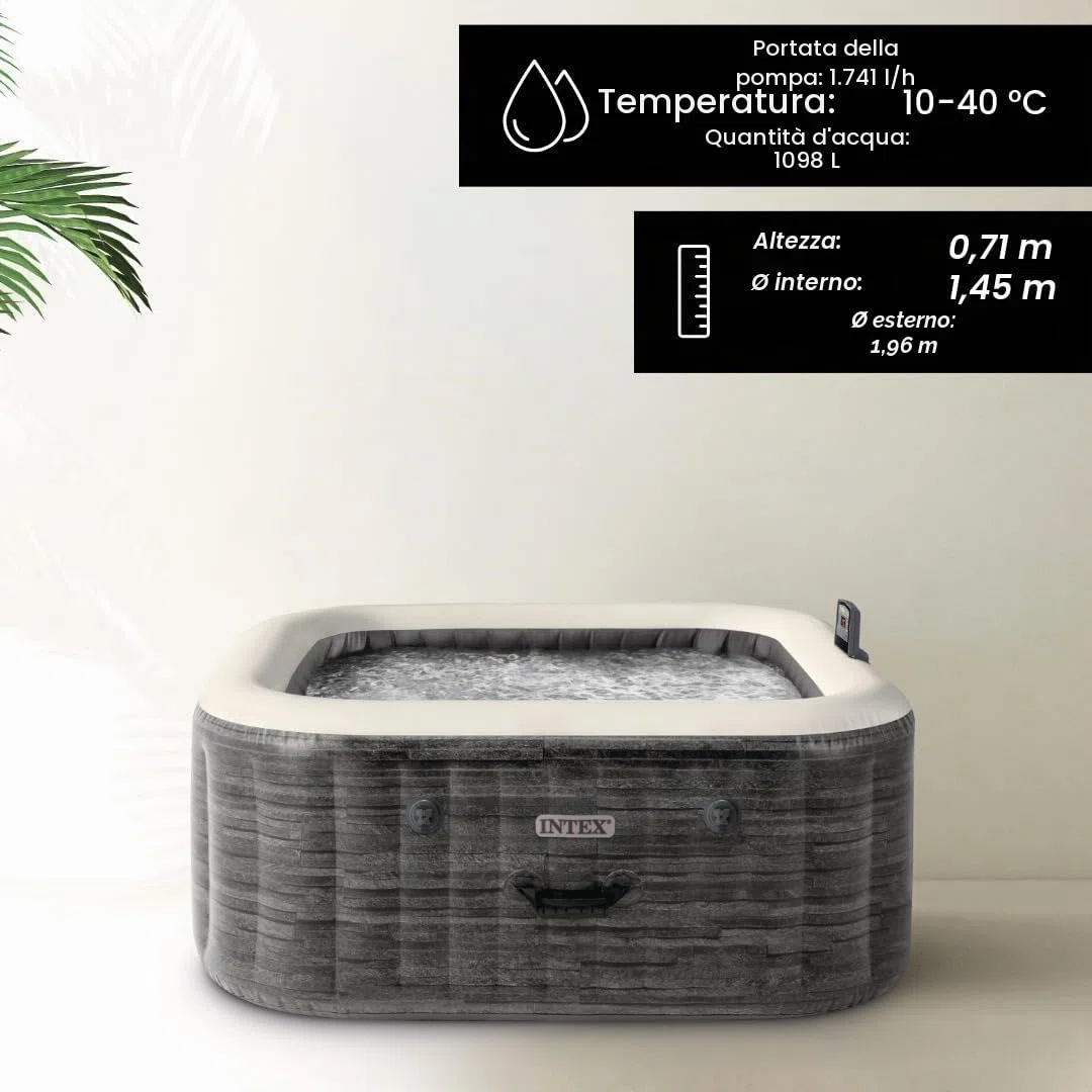Intex 28452EX - PureSpa Vasca Idromassaggio Greystone Deluxe Quadrata, 6 posti, 170 Getti, Riscaldatore, PVC, Grigio, 195x195x71 cm
