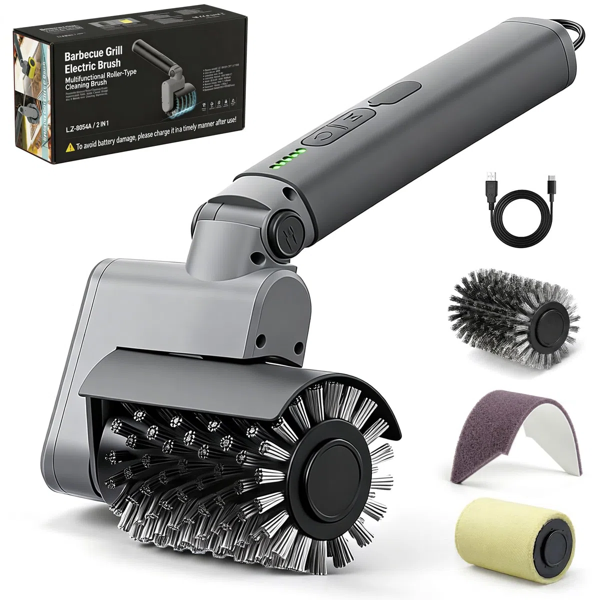 Spazzola elettrica per barbecue, set 3 in 1, senza fili, con setole in acciaio inox, ricaricabile, impermeabile, accessorio professionale per barbecue per una facile pulizia della ruggine