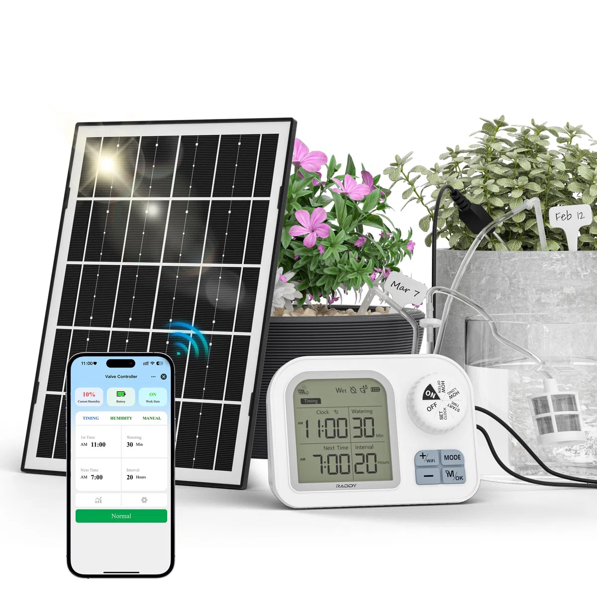 Raddy Sistema di irrigazione solare WS-74 con controllo Smart App, IPX7, impermeabile, sensore di umidità del suolo regolabile, batteria da 2600 mAh, set di irrigazione a goccia automatico per 15