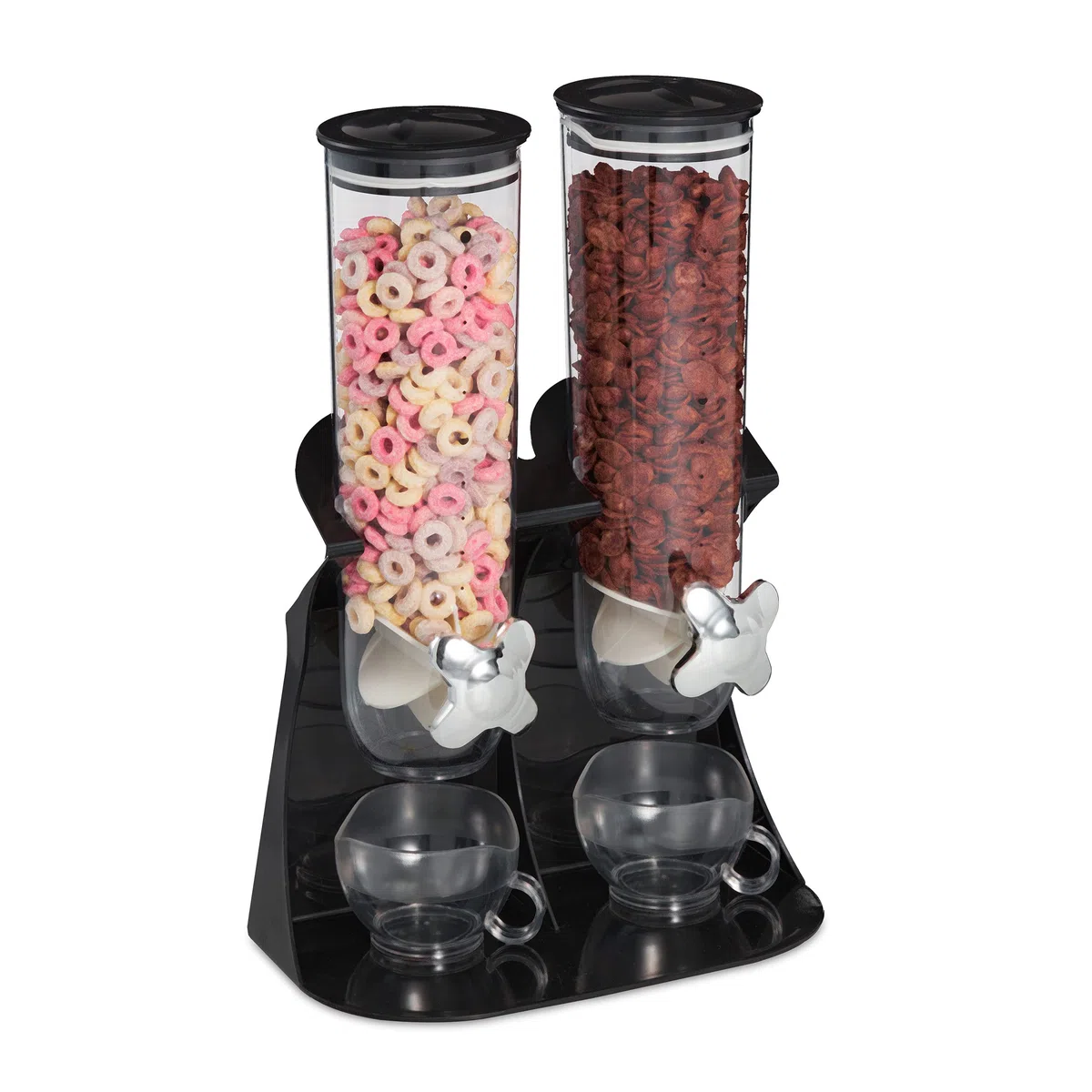 Relaxdays Dispenser Cereali Doppio, Distributore per Corn Flakes, Cioccolatini, Nocciole e Dolcetti, in Plastica, Nero